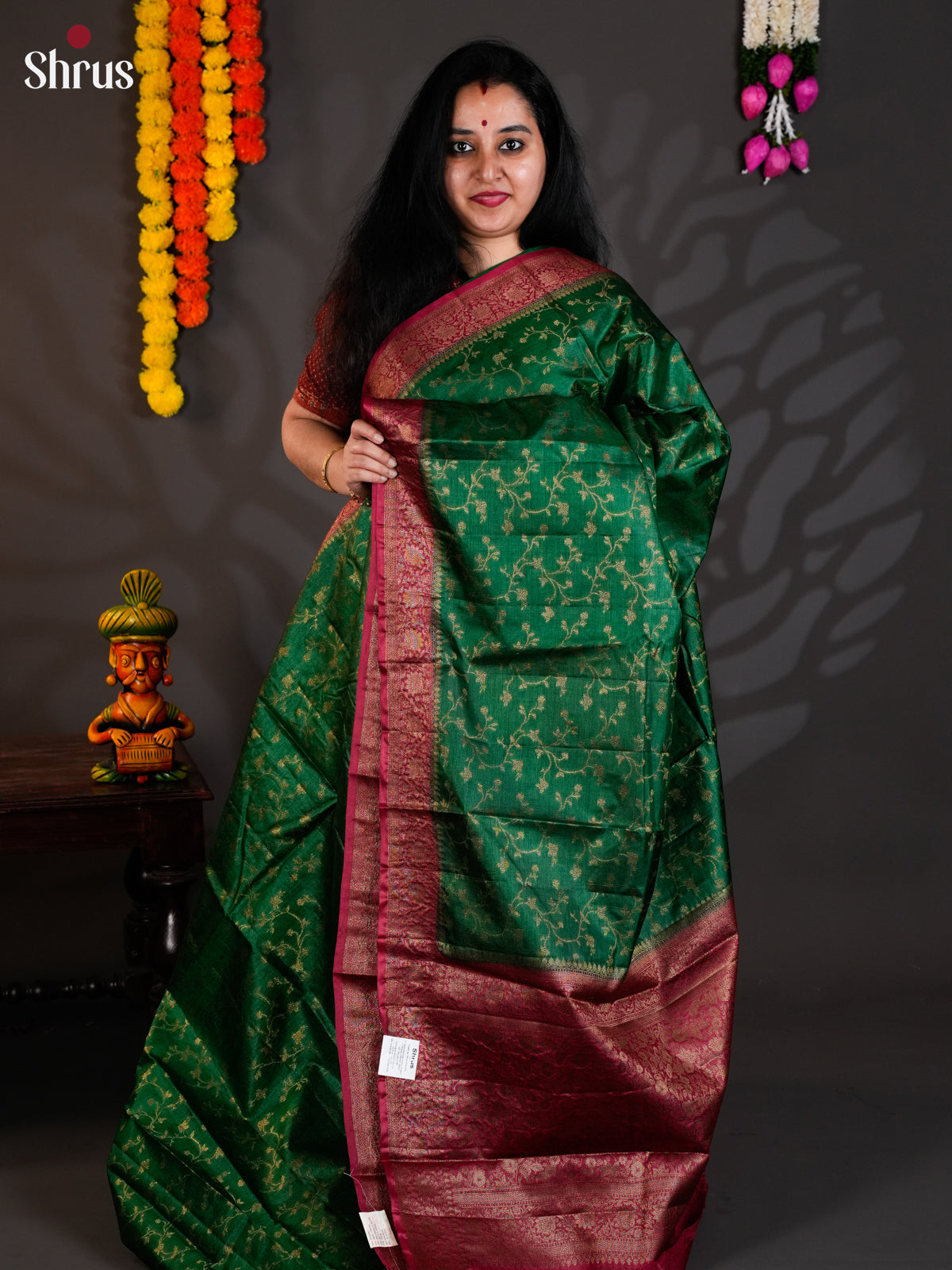 Stunning Green & Maroon Banarasi Tussar Saree with zari floral nestling brocade - EAS20042 - Shop on Shrus.com