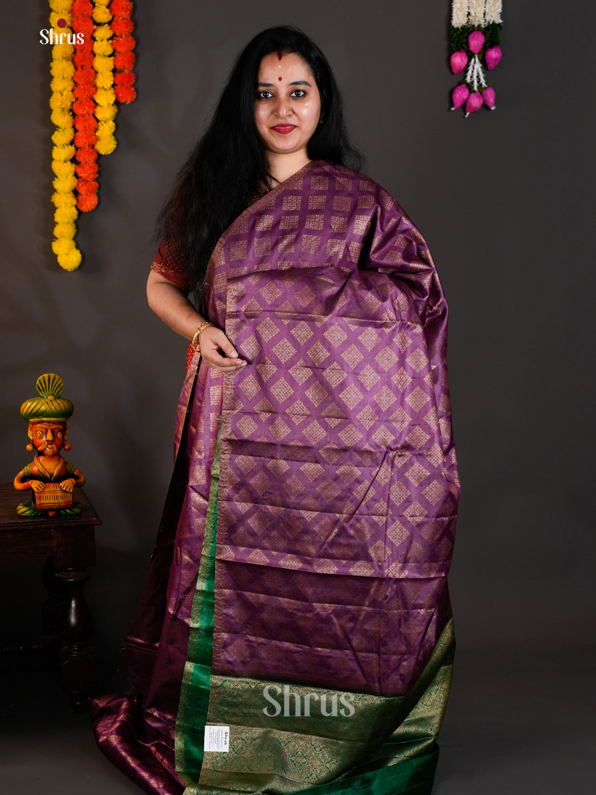 Regal Violet & Green Banarasi Tussar Saree  with zari floral brocade -EAS20052