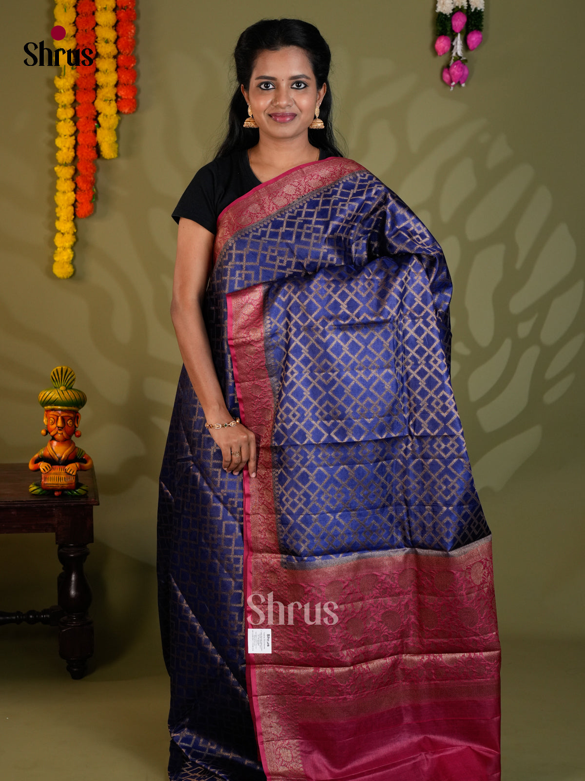 Regal Blue & Maroon Banarasi Tussar Saree with geometric brocade & border - EAS20058 - Shop on Shrus.com