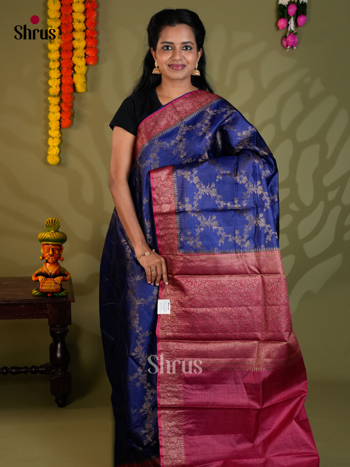 Vibrant Blue & Maroon Banarasi Tussar Saree with criss cross flroal vines brocade - EAS20063 - Shop on Shrus.com