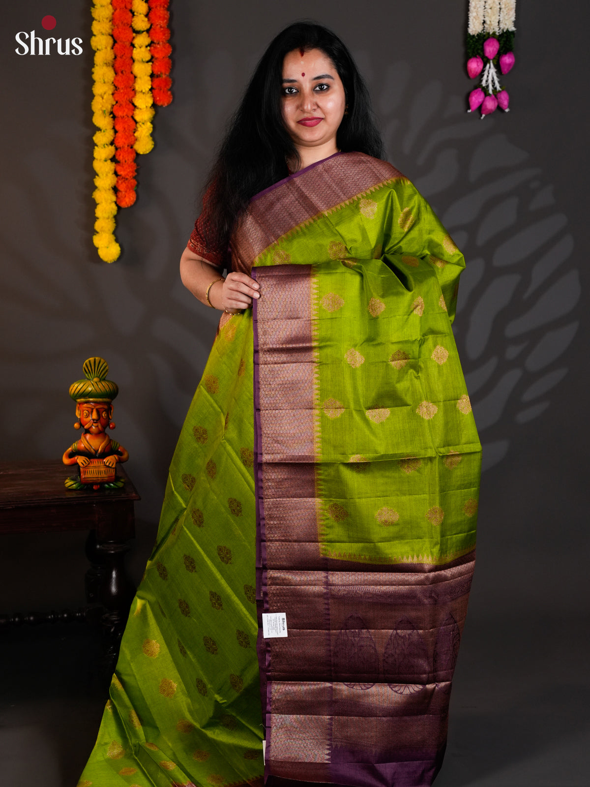 Serene Light Green & Purple  Banarasi Tussar Saree with zari floral motifs -EAS20064 - Shop on Shrus.com