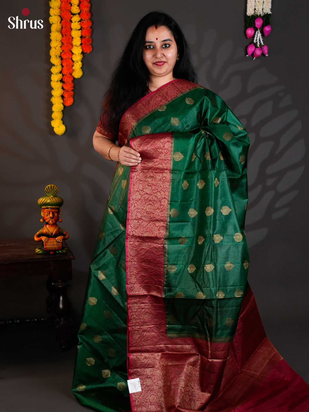 Classy Green & Maroon Banarasi Tussar Saree with zari floral buttas & rich border - EAS20066