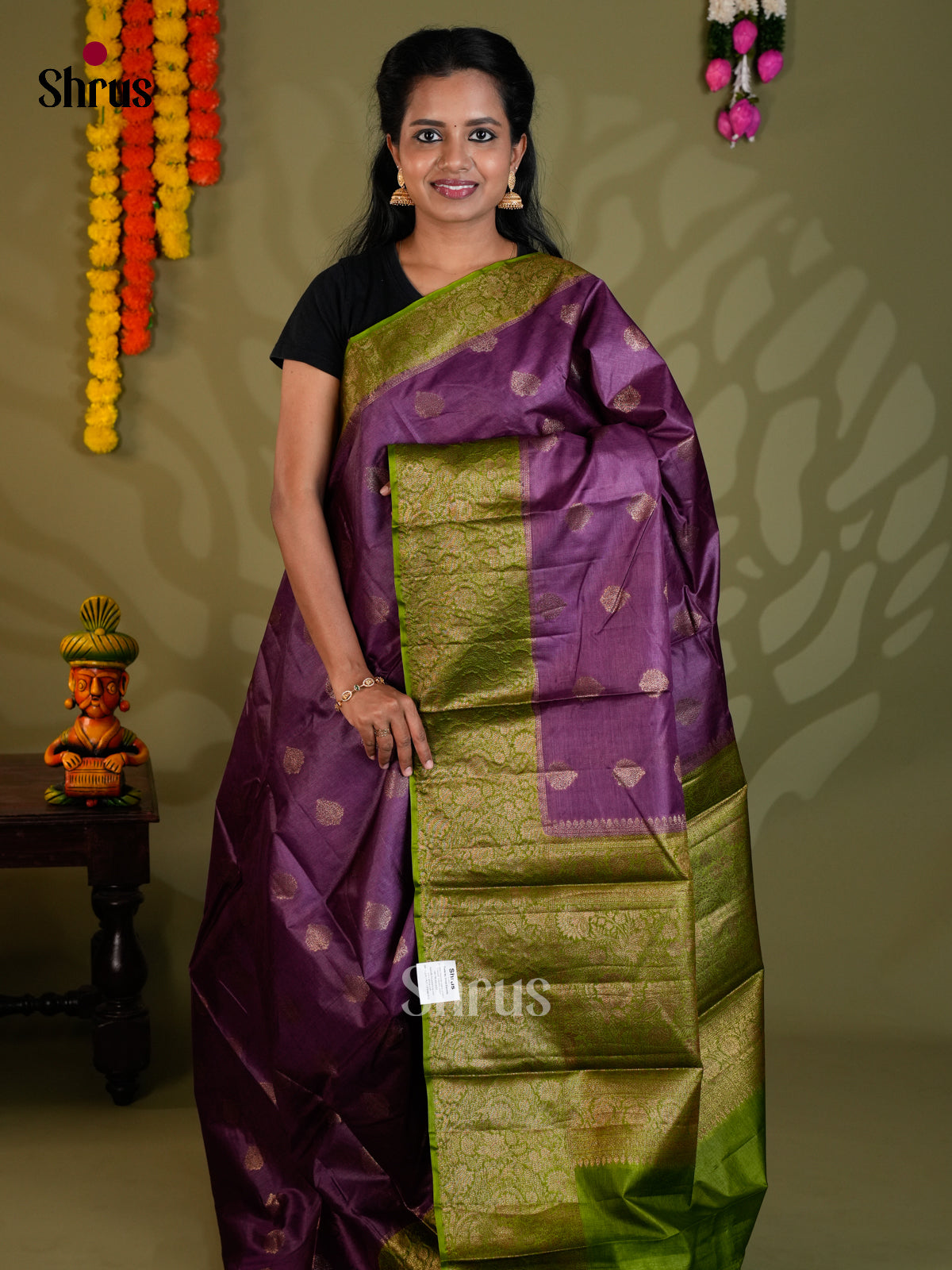 Regal Vadamalli & Green Banarasi Tussar Saree with zari floral buttas & brocade pallu -EAS20067 - Shop on Shrus.com
