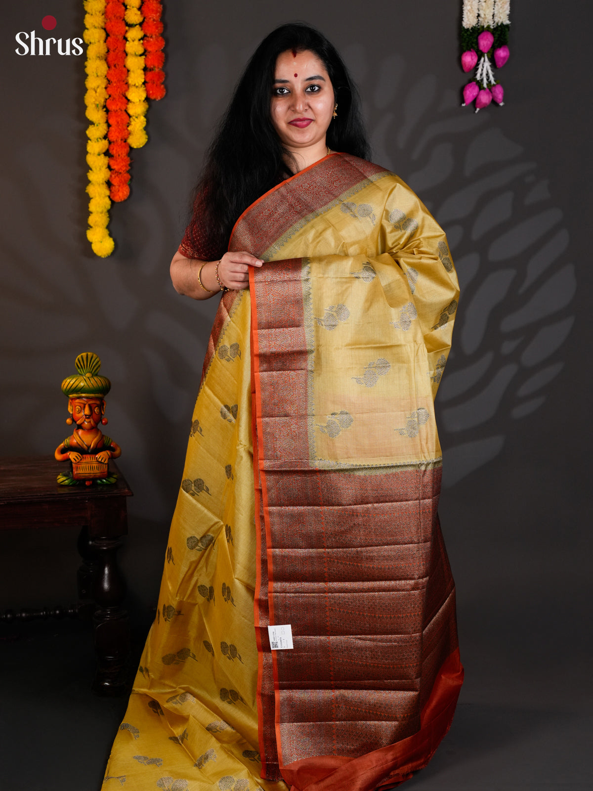 Bright Yellow & Orange Banarasi Tussar Saree  with zari floral buttas - EAS20074