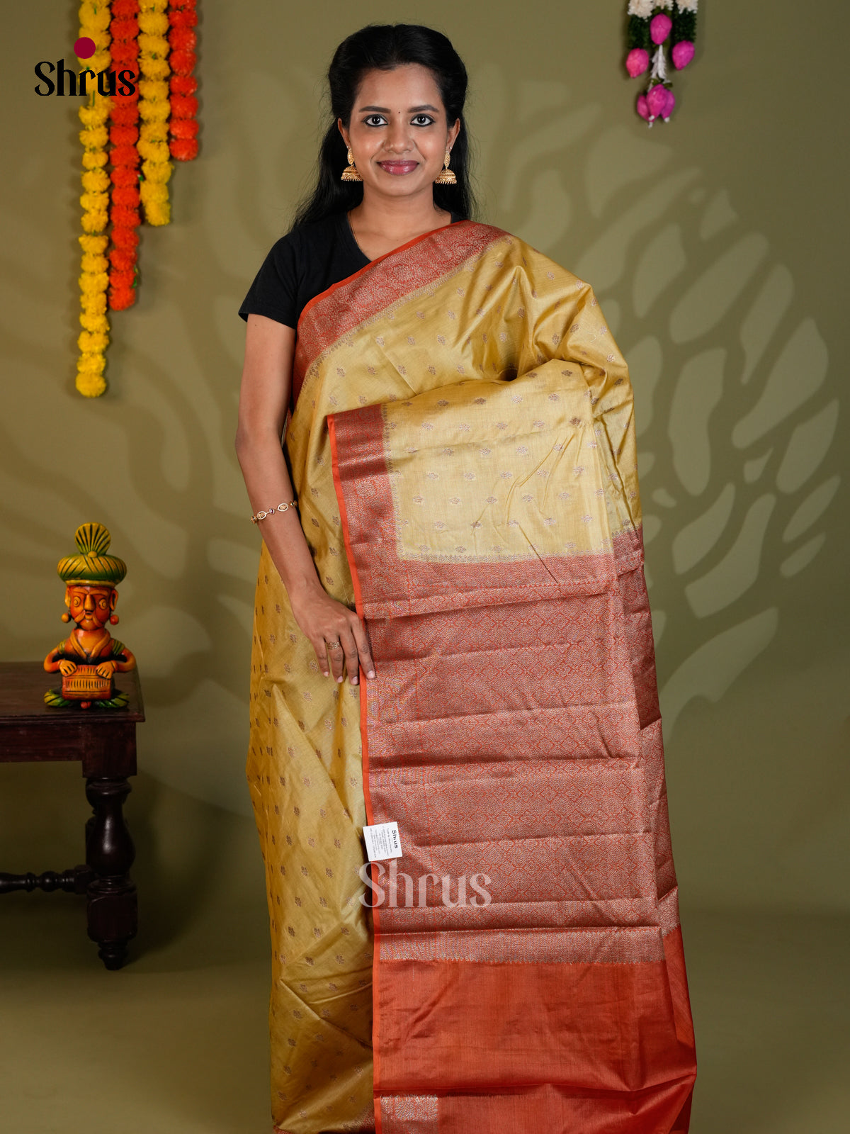 Charming Beige & Brick Banarasi Tussar Saree  with zari buttas, brocade pallu - EAS20089 - Shop on Shrus.com