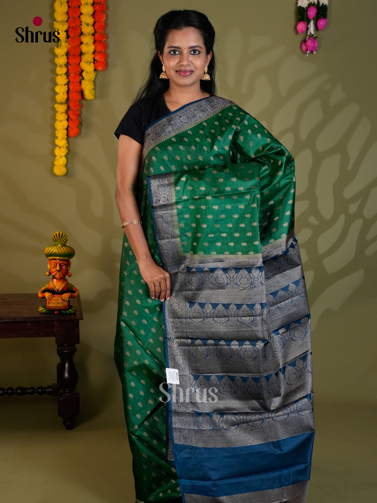 Classy Green & Blue  Banarasi Tussar Saree with zari buttas & brocade pallu - EAS20092 - Shop on Shrus.com