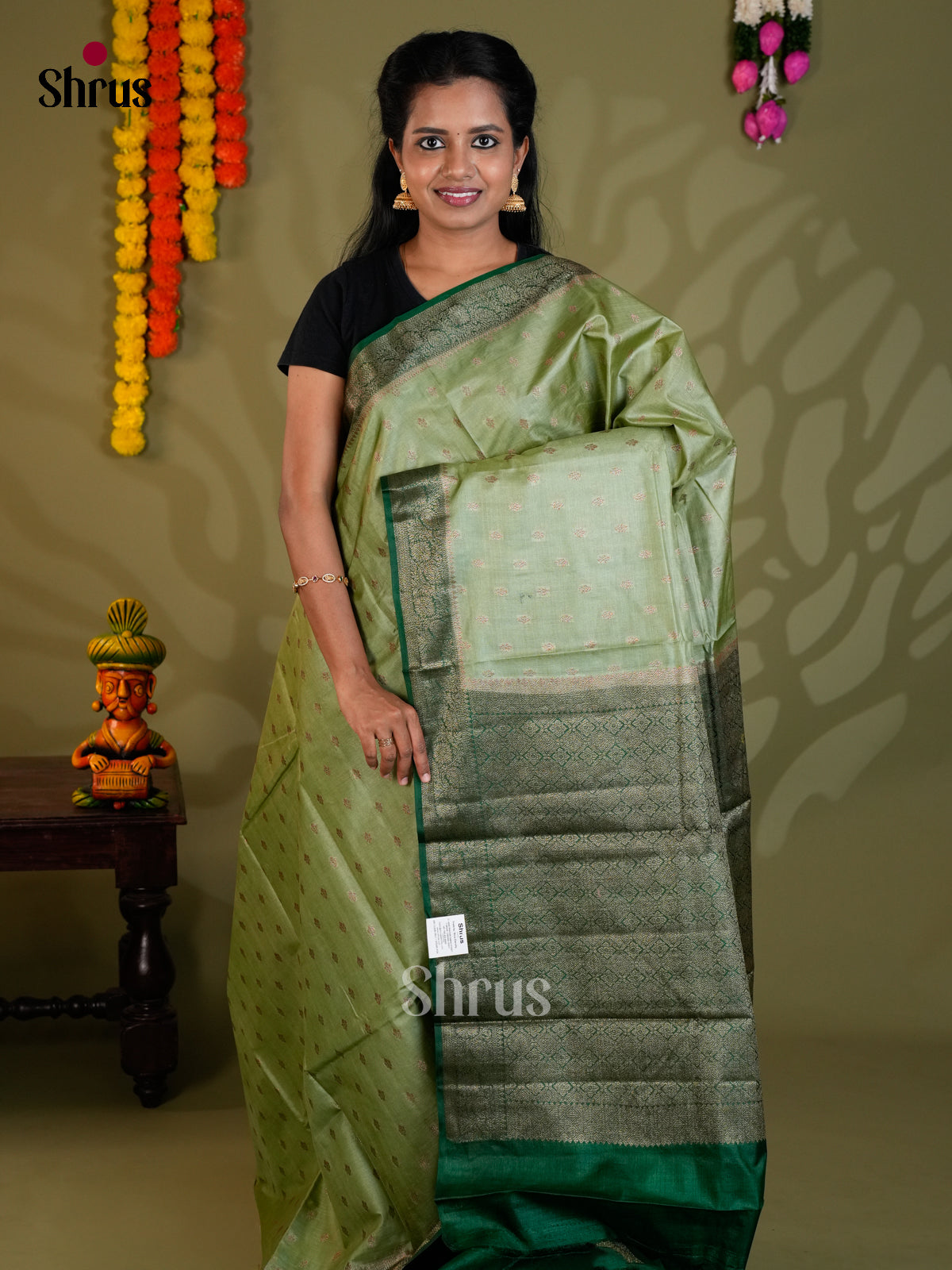 Serene Pista Green Banarasi Tussar Saree with zari floral buttas & brocade pallu -  EAS20093 - Shop on Shrus.com