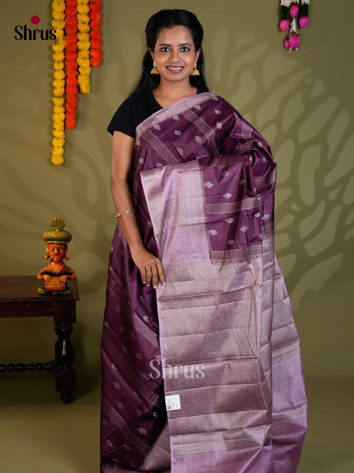 Exquisite Violet & Lavender Banarasi Tussar Saree gleams with zari buttas , stripes- EAS20094 - Shop on Shrus.com