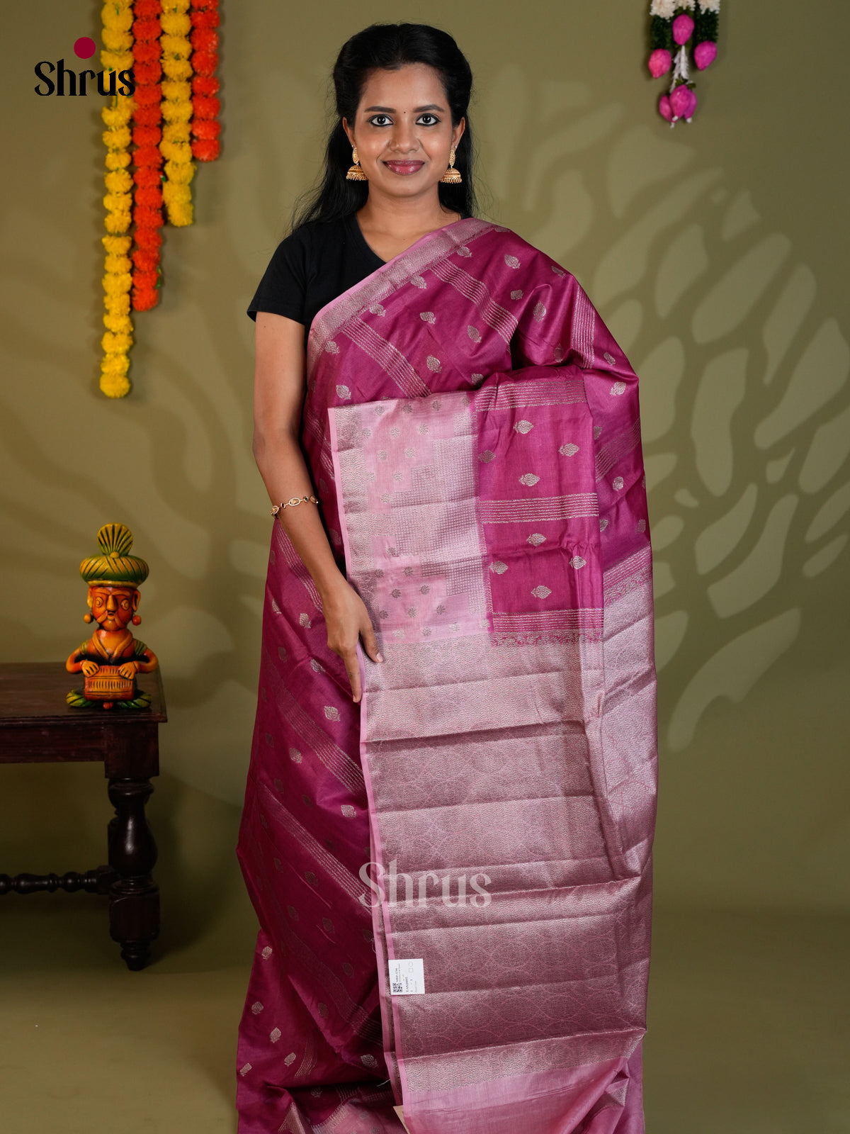 Charming Wine & Pink  Banarasi Tussar Saree  with zari buttas & Rettaipet border -  EAS20095 - Shop on Shrus.com
