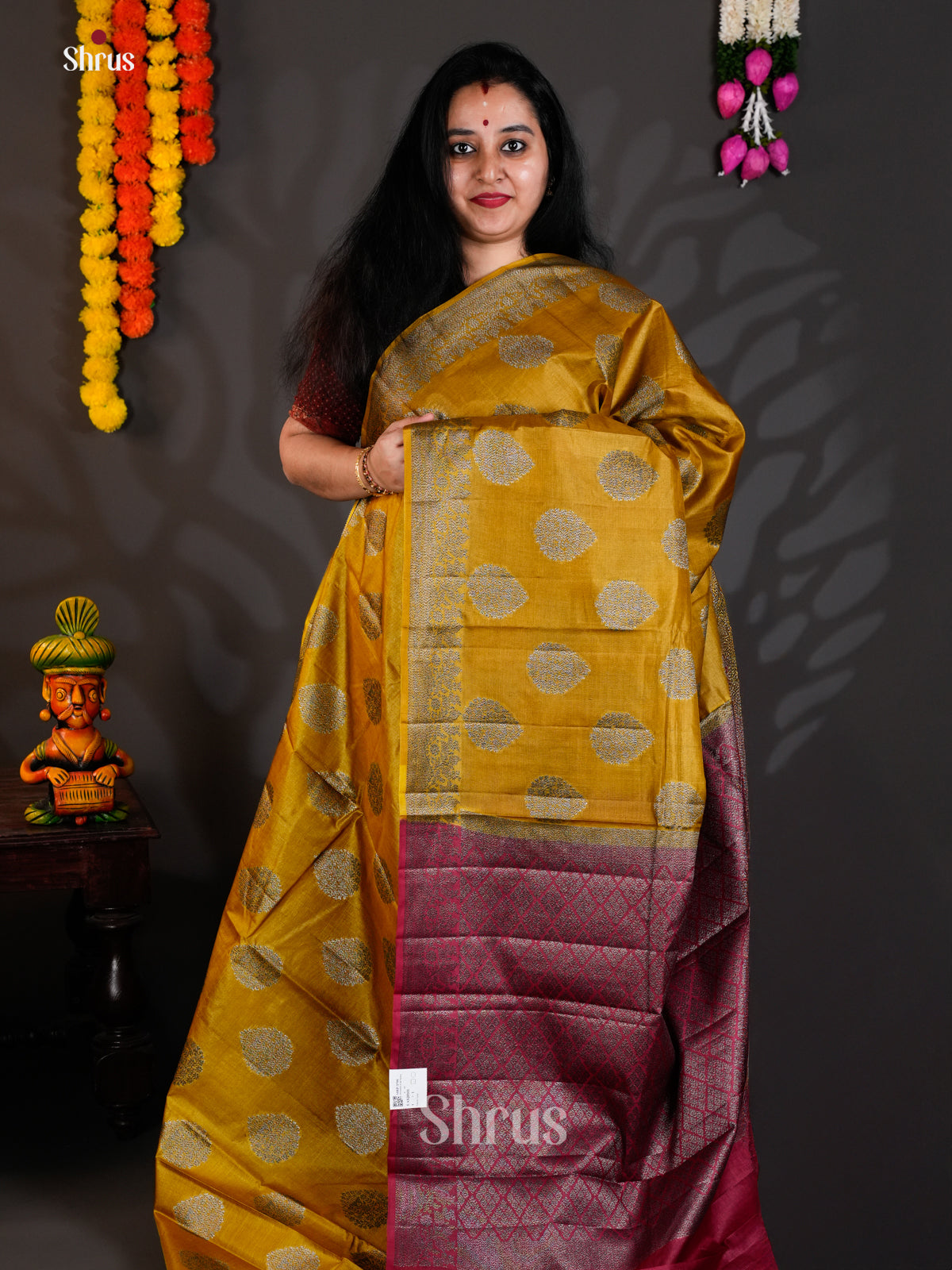 Glorious Mustard & Maroon Banarasi Tussar Saree  with zari floral drop motifs -  EAS20101 - Shop on Shrus.com