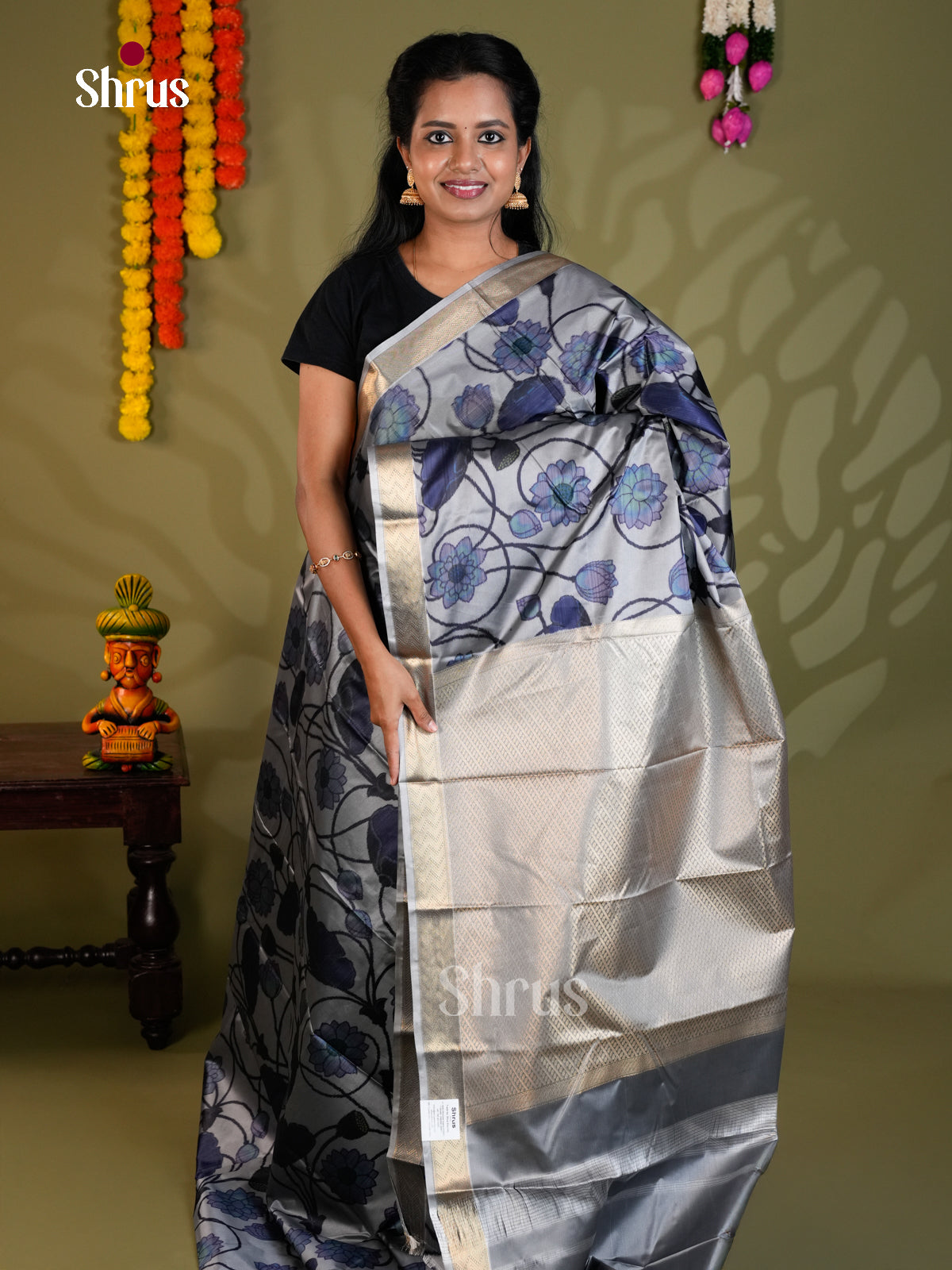 Grey & Blue  - Kanchipuram-halfpure Saree- EAS21196 - Shop on Shrus.com