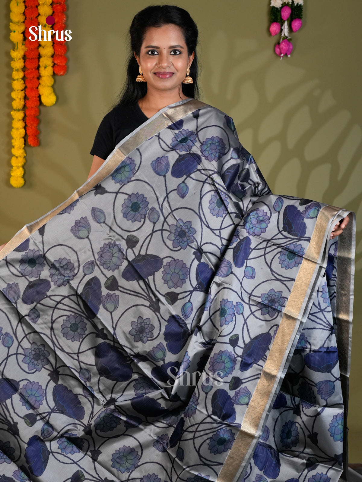 Grey & Blue  - Kanchipuram-halfpure Saree- EAS21196 - Shop on Shrus.com