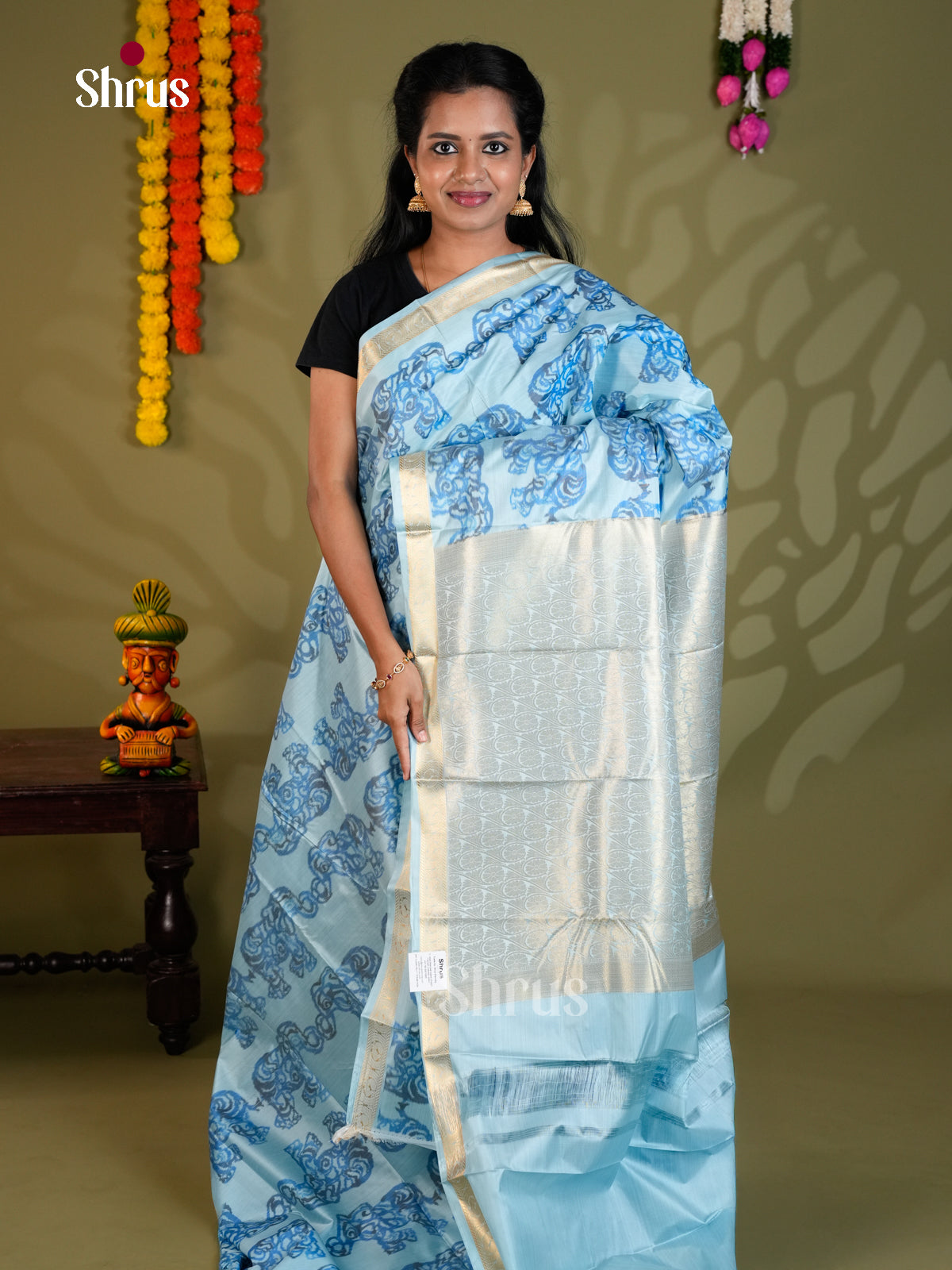 Light Blue - Kanchipuram-halfpure Saree- EAS21215 - Shop on Shrus.com
