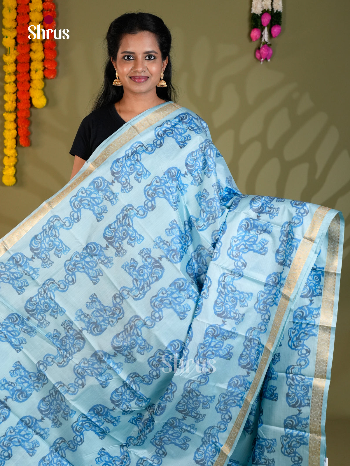Light Blue - Kanchipuram-halfpure Saree- EAS21215 - Shop on Shrus.com
