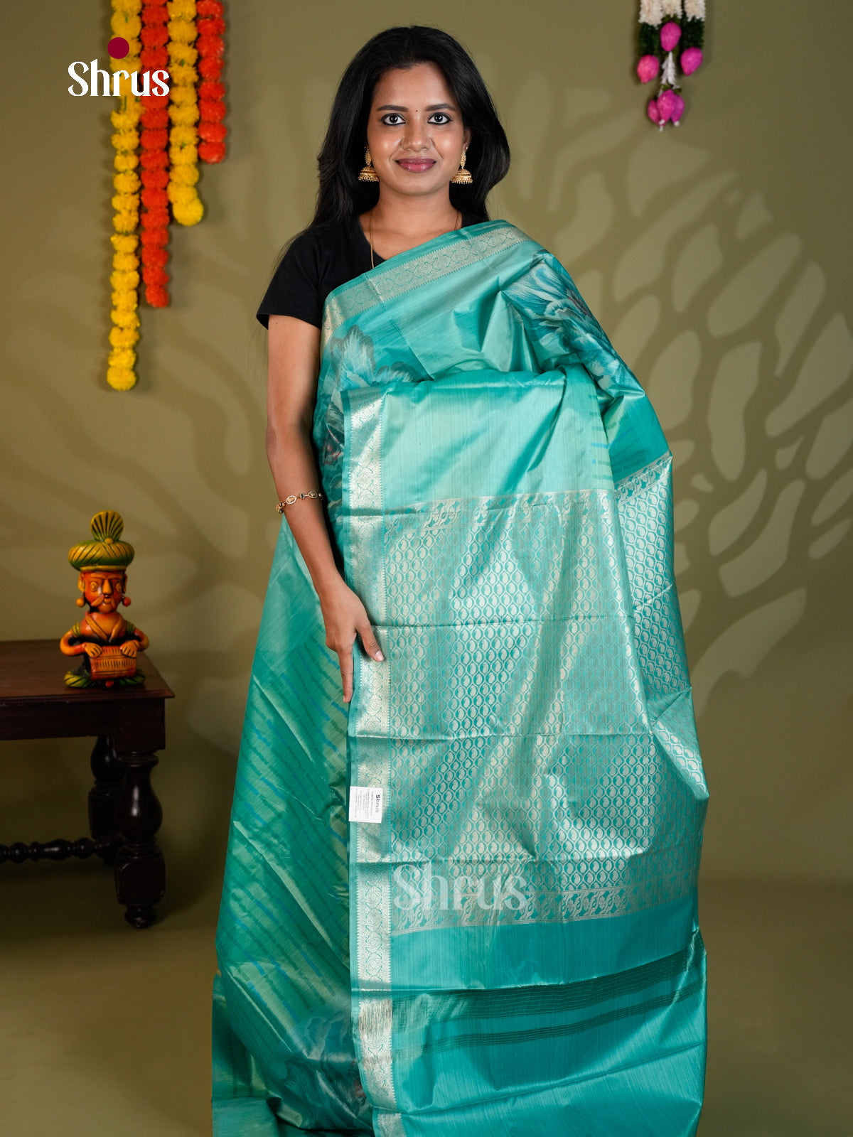 Sky Blue & Teal -EAS21219 - Kanchipuram-halfpure Saree - Shop on Shrus.com