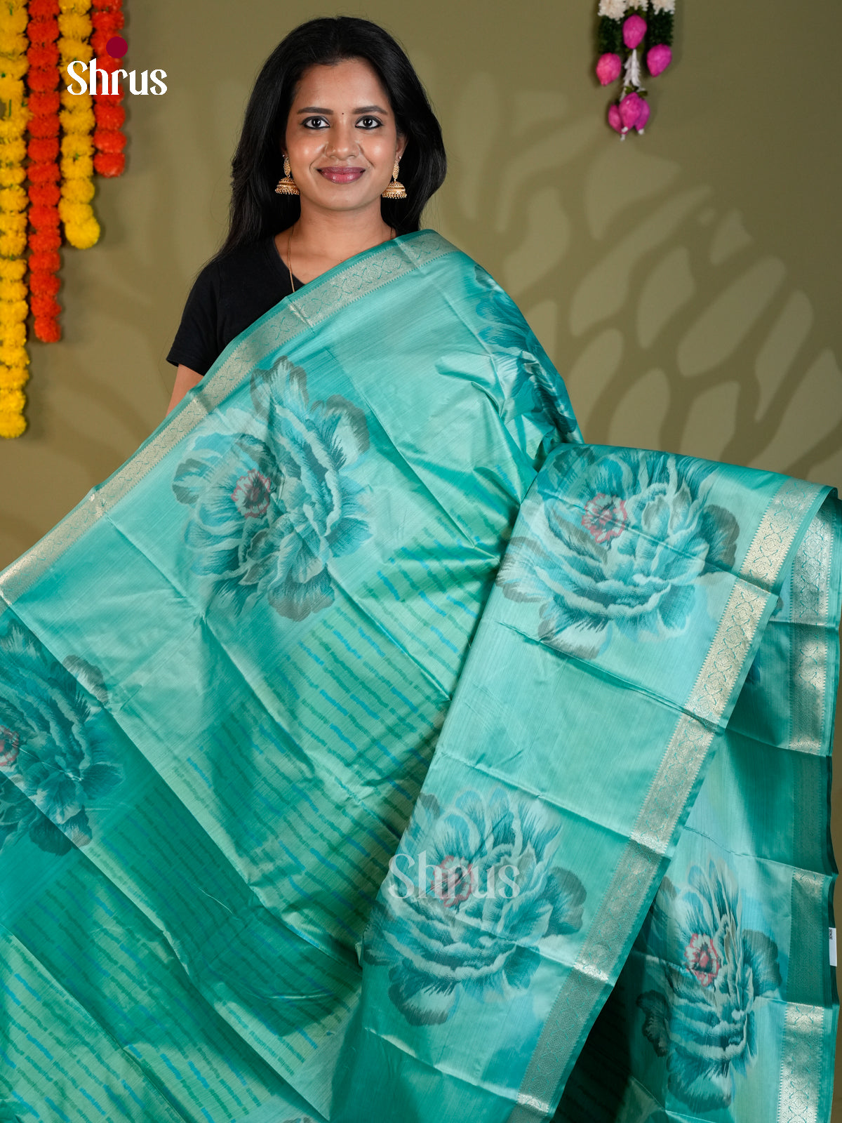 Sky Blue & Teal -EAS21219 - Kanchipuram-halfpure Saree - Shop on Shrus.com