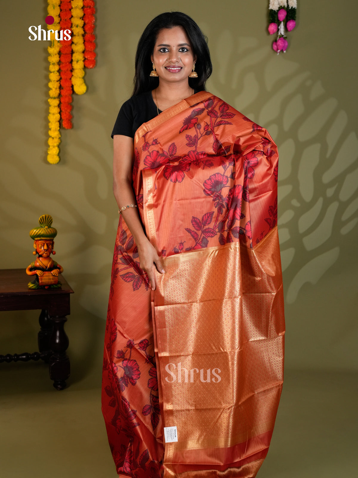 Rusty Orange(SIngle Tone)- Kanchipuram-halfpure Saree- EAS21227 - Shop on Shrus.com