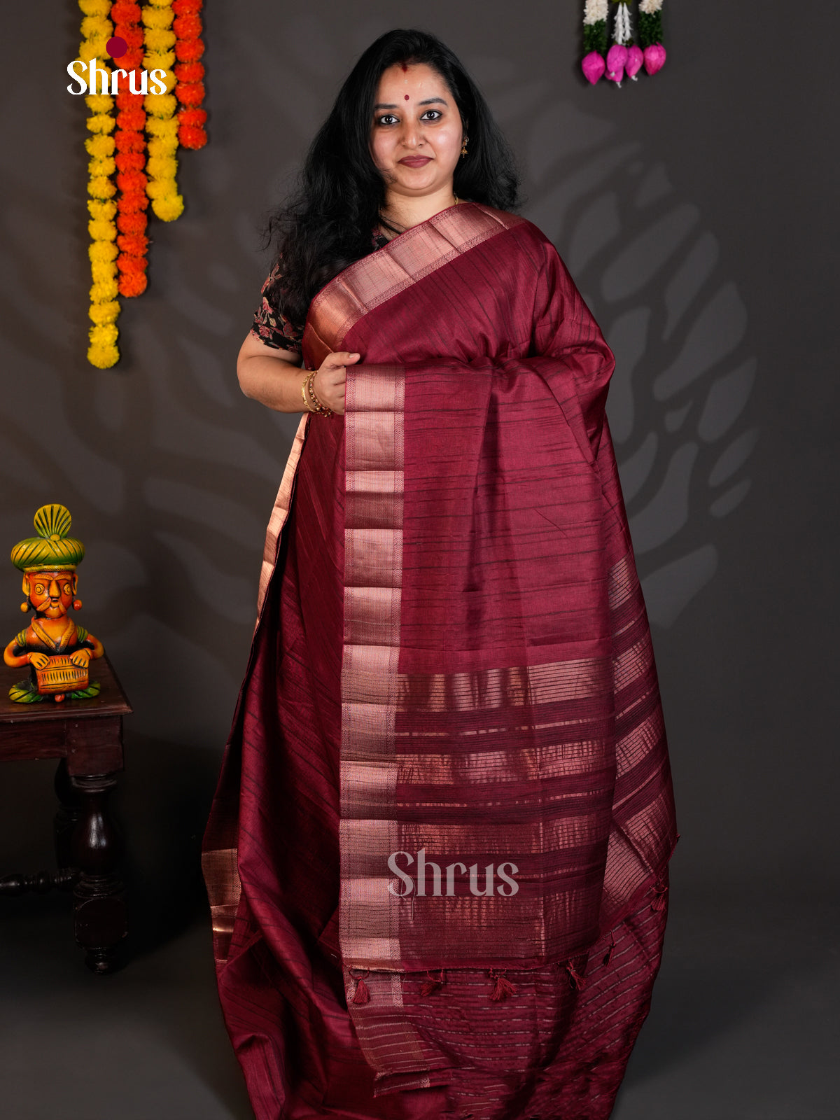 Maroon - Semi Rawsilk - Saree - EAS22007 - Shop on Shrus.com