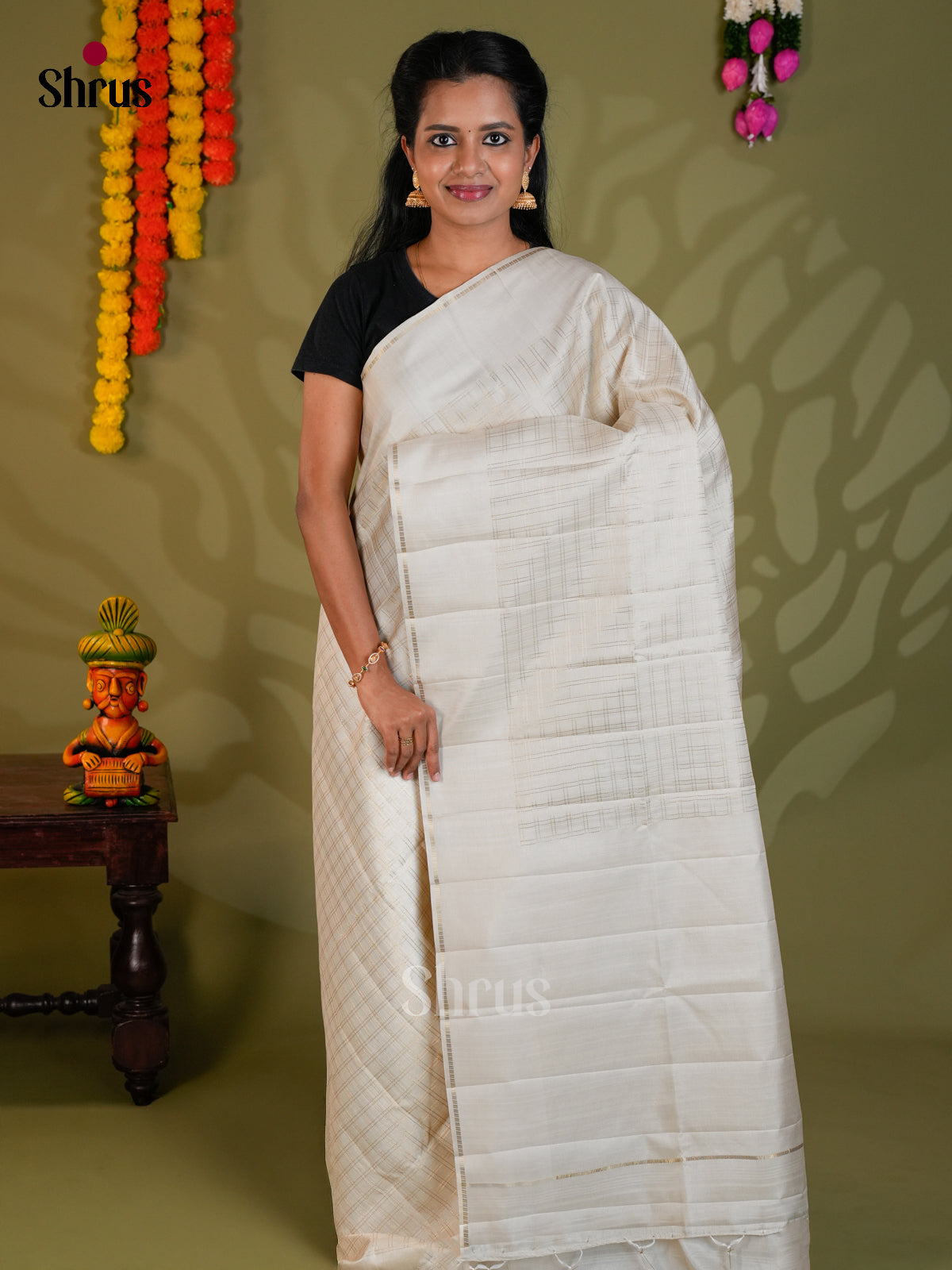 Cream - Semi Rawsilk - Saree- EAS22017 - Shop on Shrus.com