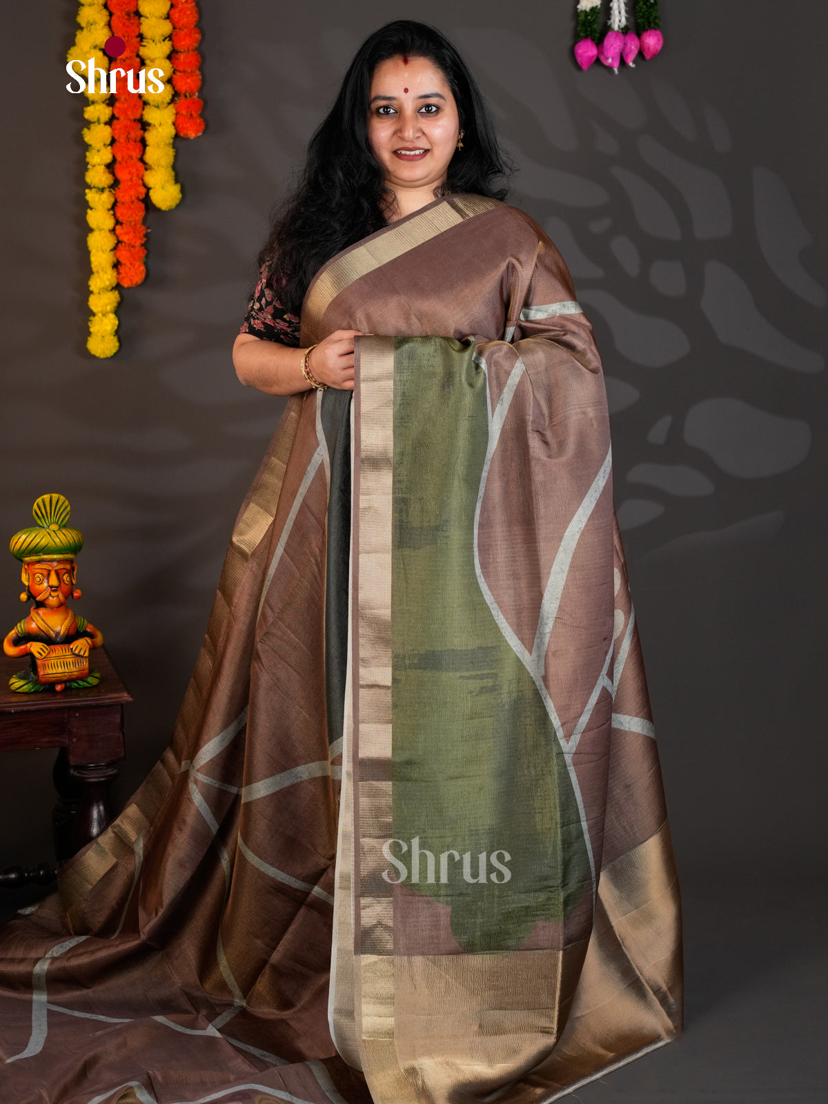 Brown & Green - Semi Rawsilk - Saree -EAS22073 - Shop on Shrus.com