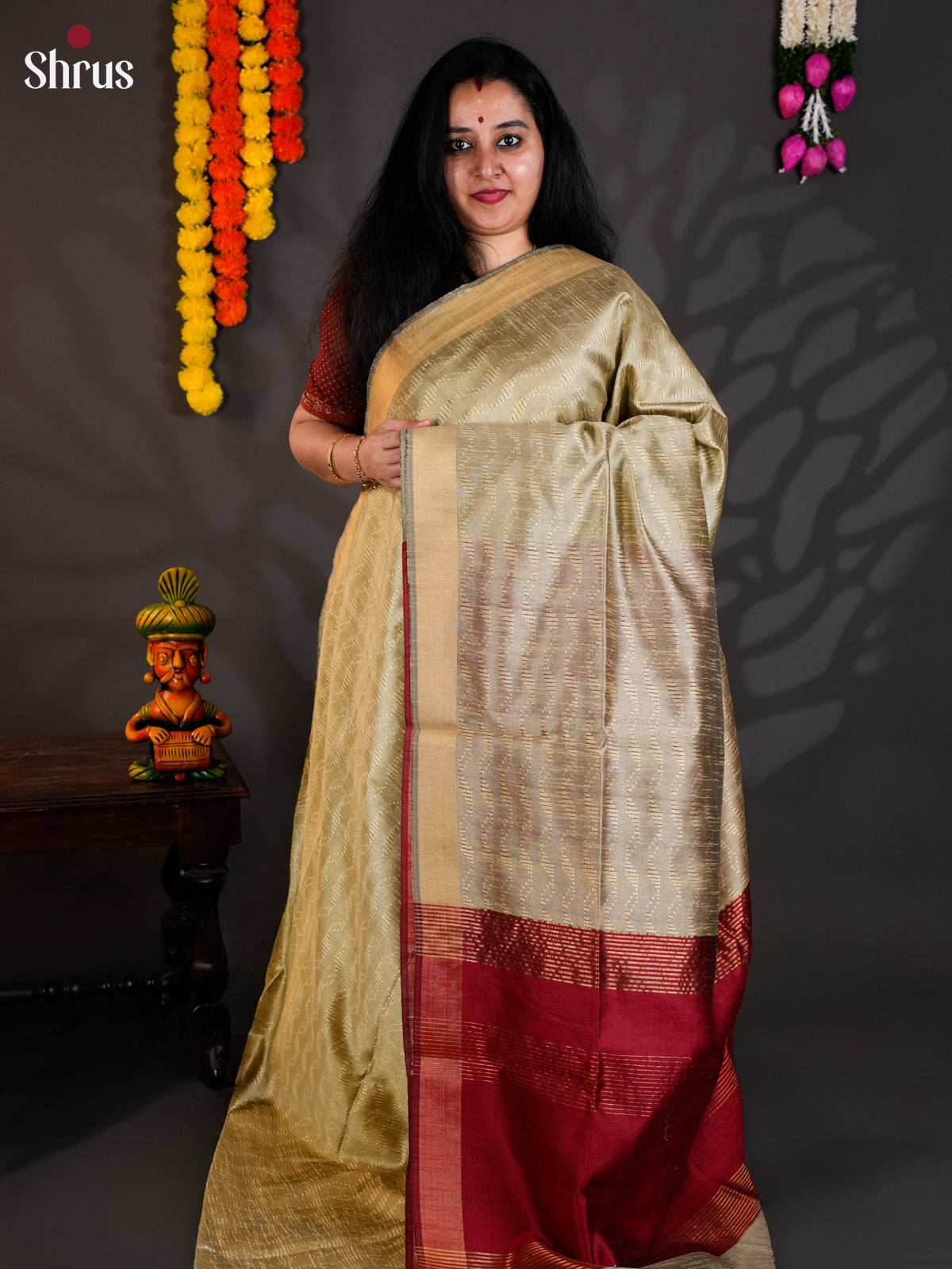 Grey & Maroon -EAS24001 - Semi Rawsilk - Saree - Shop on Shrus.com