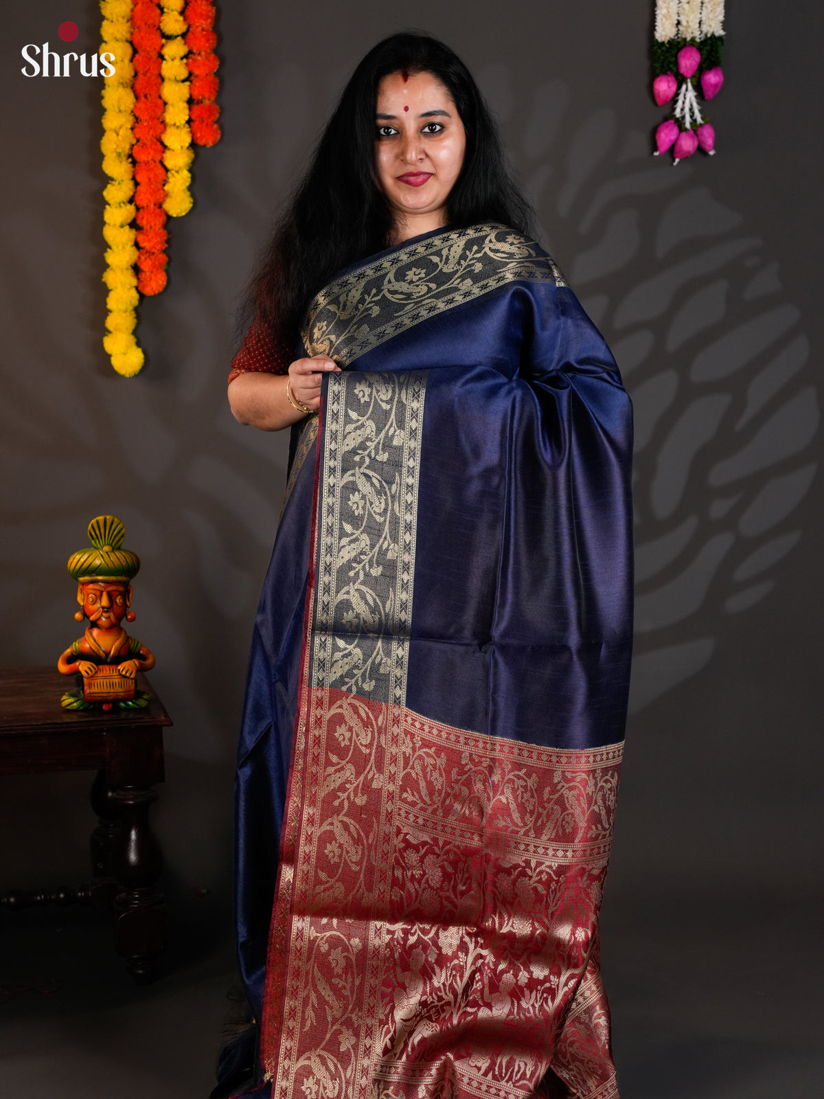 Blue & Maroon  - Semi Rawsilk - Saree- EAS24050