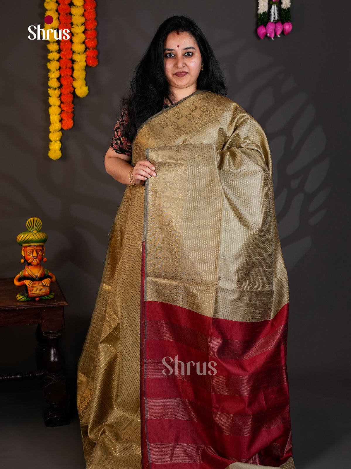 Grey & maroon  - Semi Rawsilk - Saree- EAS24060 - Shop on Shrus.com