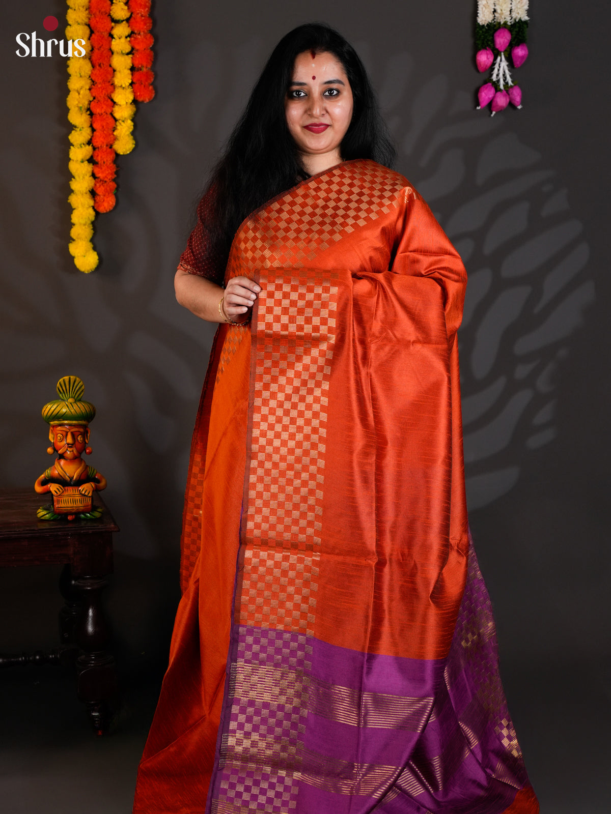 Orange & Violet  - Semi Rawsilk - Saree-EAS24072