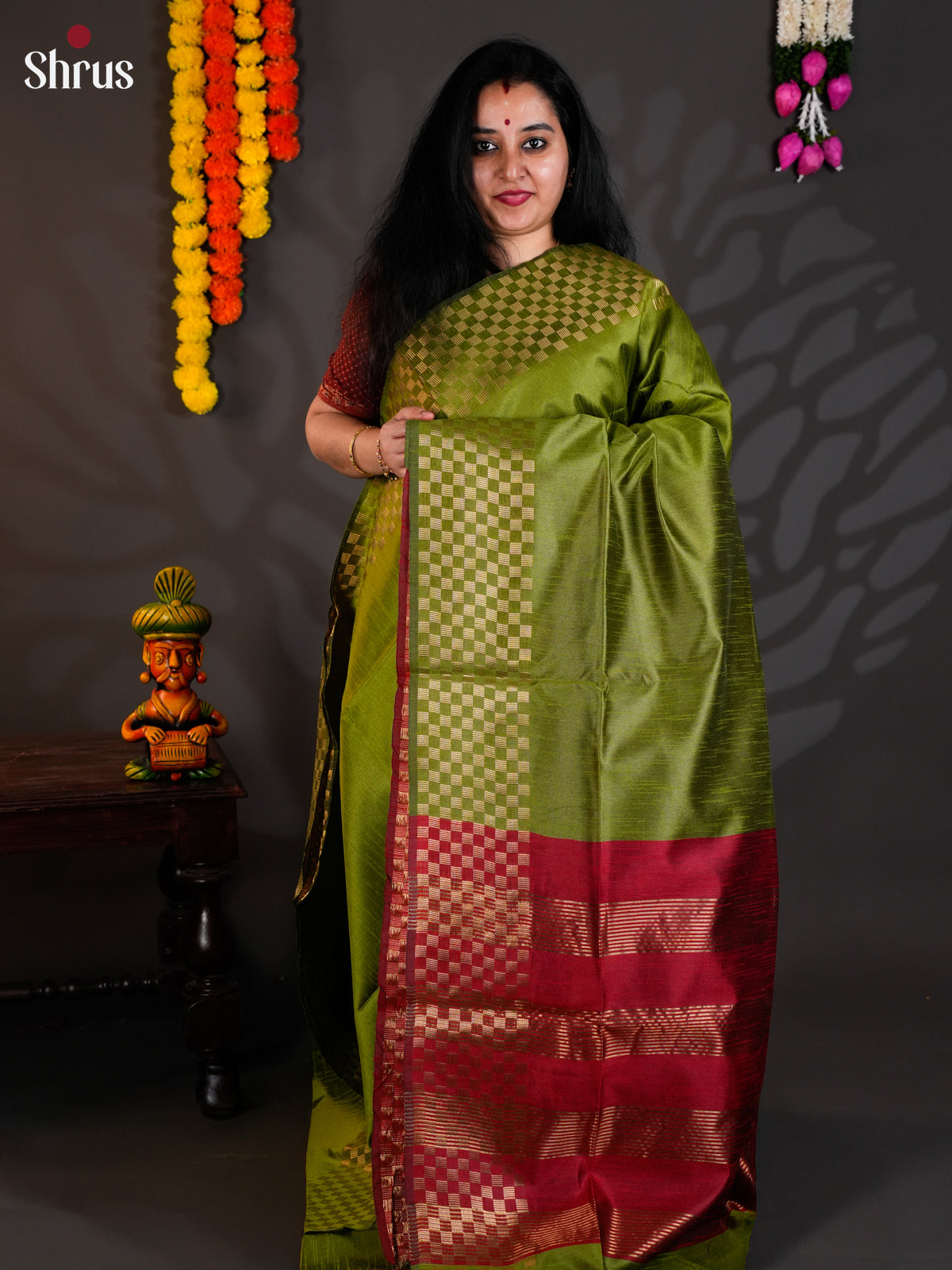 Green & Red - Semi Rawsilk - Saree-EAS24074 - Shop on Shrus.com