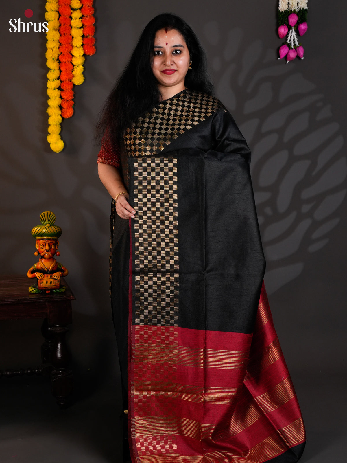Black & Red - Semi Rawsilk - Saree- EAS24076 - Shop on Shrus.com