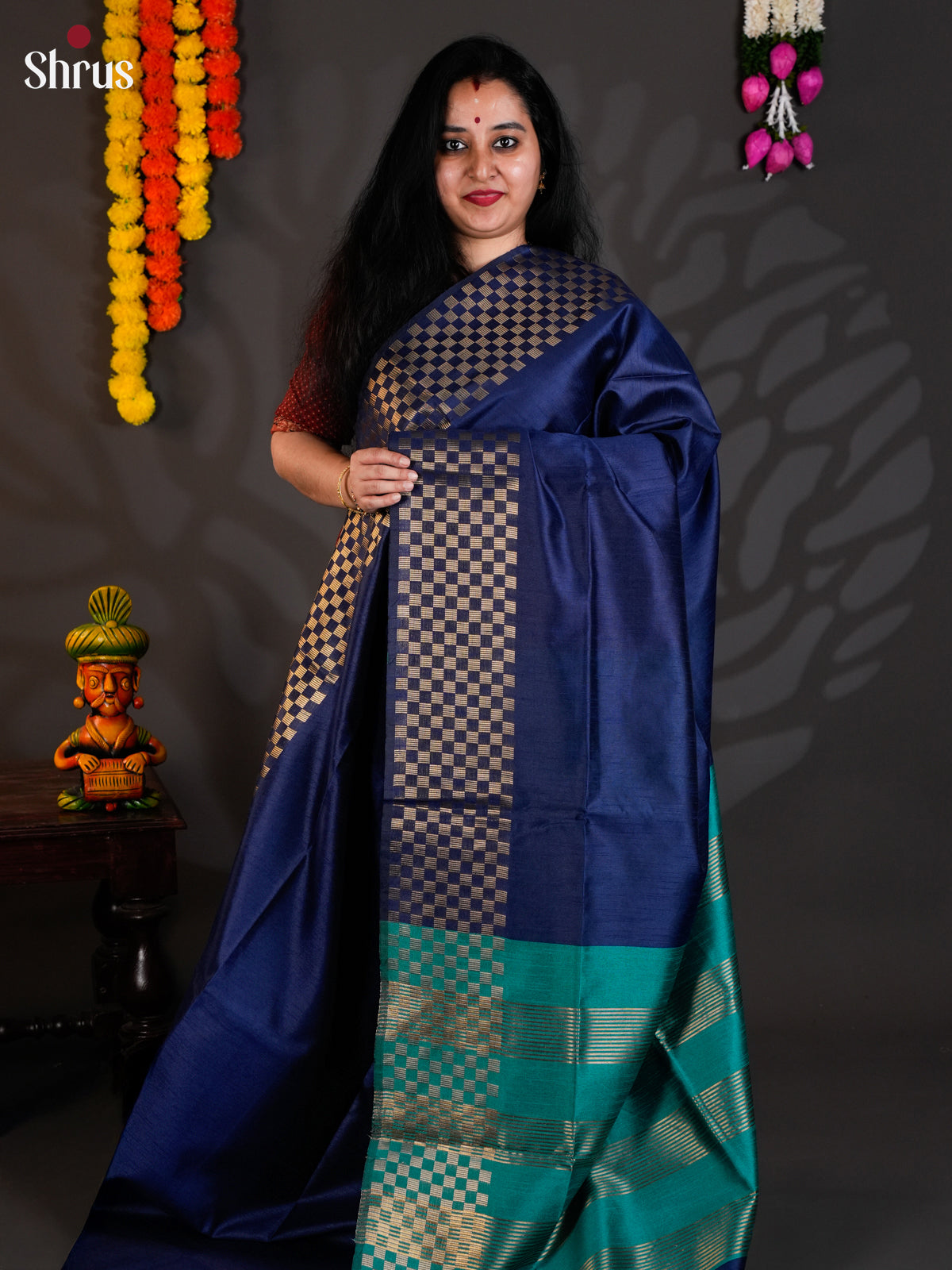 Dark Blue & Teal Blue  - Semi Rawsilk - Saree-EAS24077 - Shop on Shrus.com