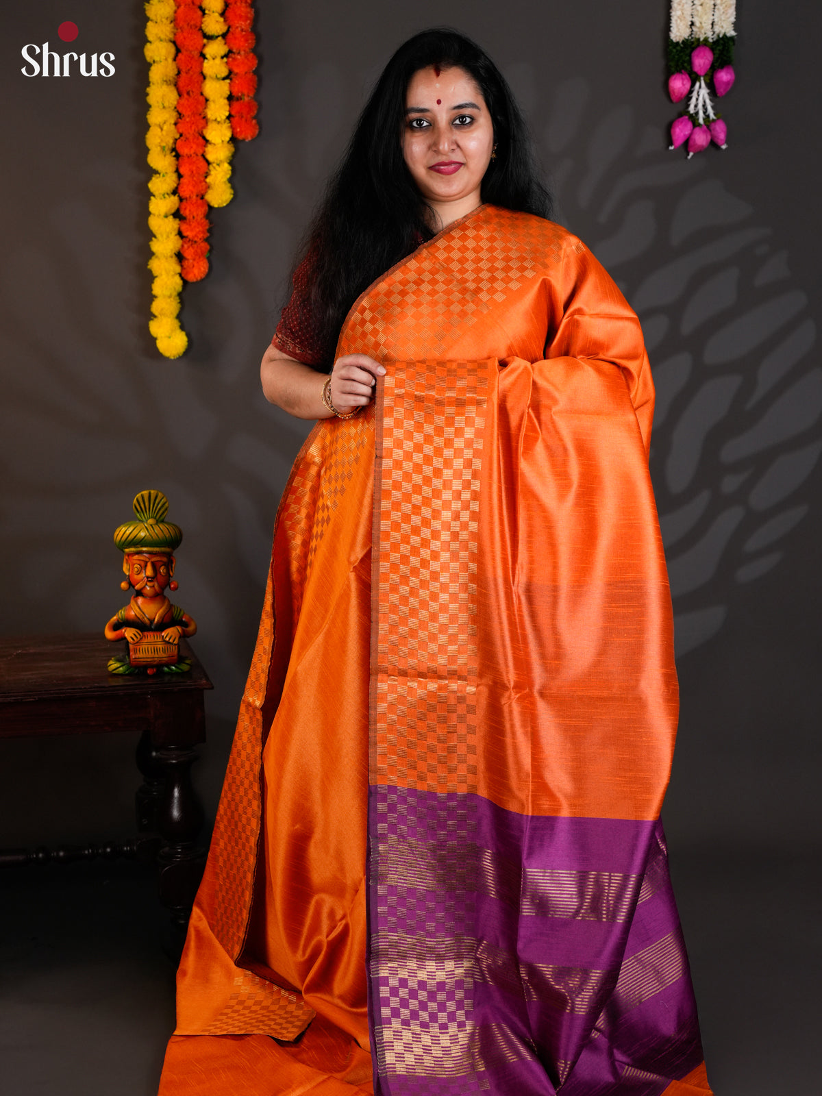 Orange & Violet- Semi Rawsilk - Saree - EAS24083
