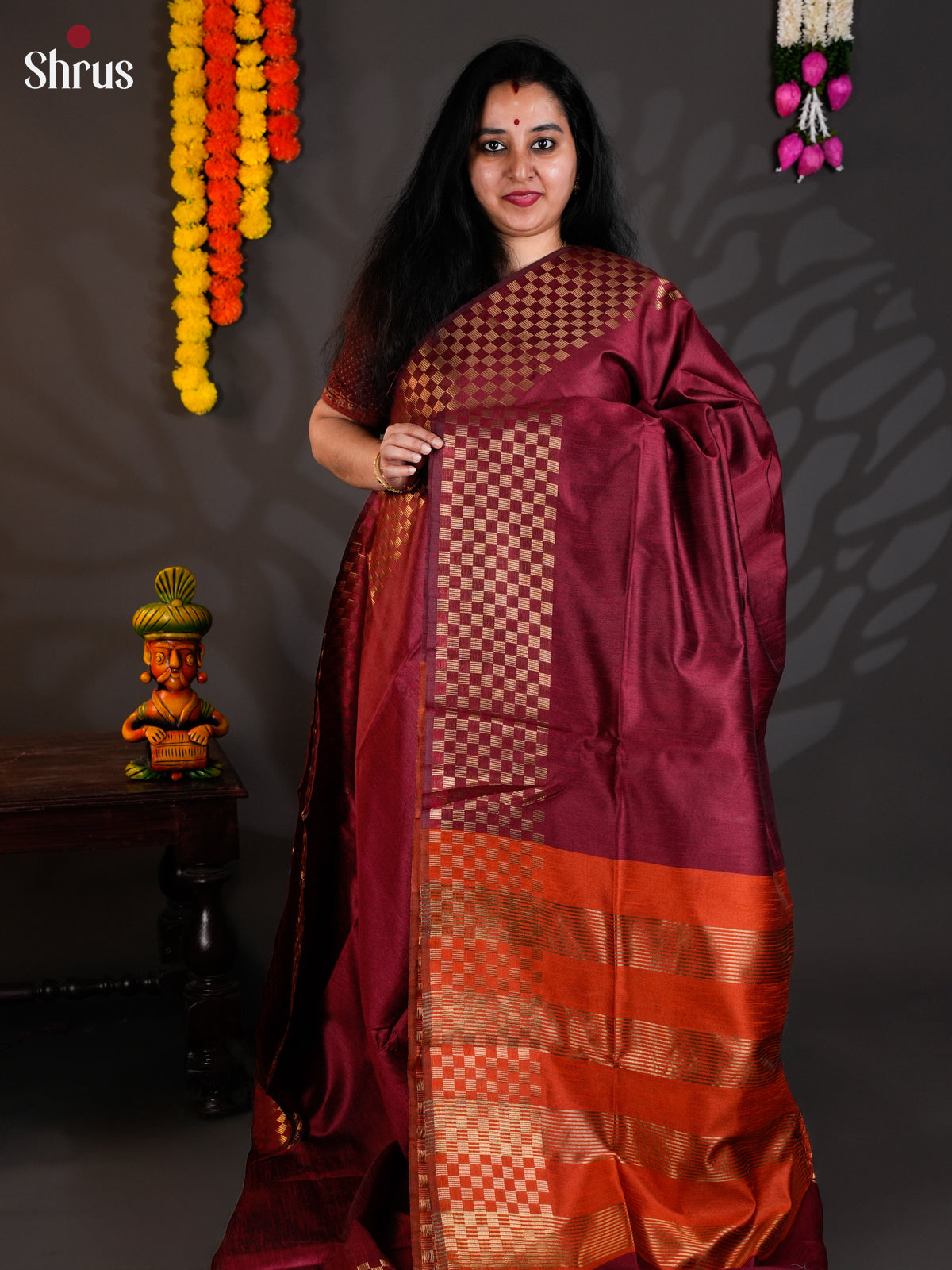 Maroon & Orange - Semi Rawsilk - Saree - EAS24085 - Shop on Shrus.com