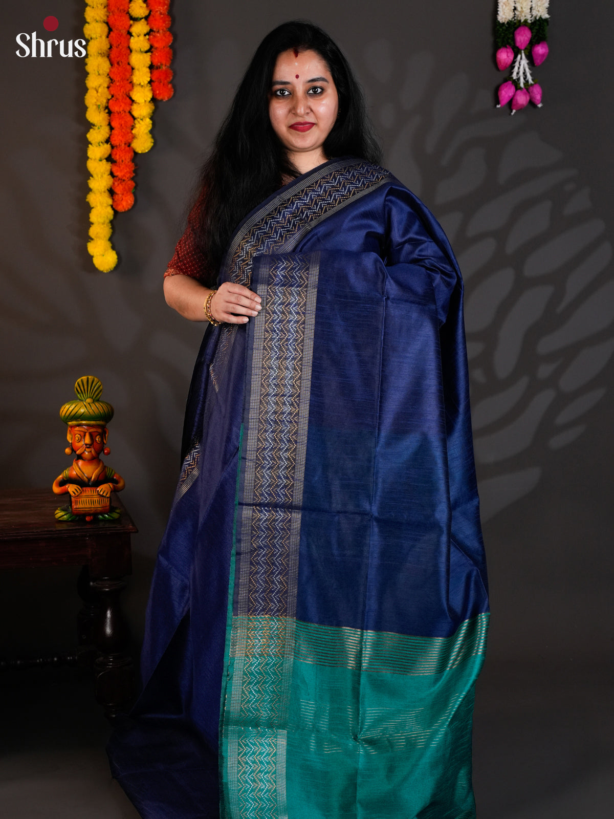 Dark Blue & Teal - Semi Rawsilk - Saree-EAS24123 - Shop on Shrus.com