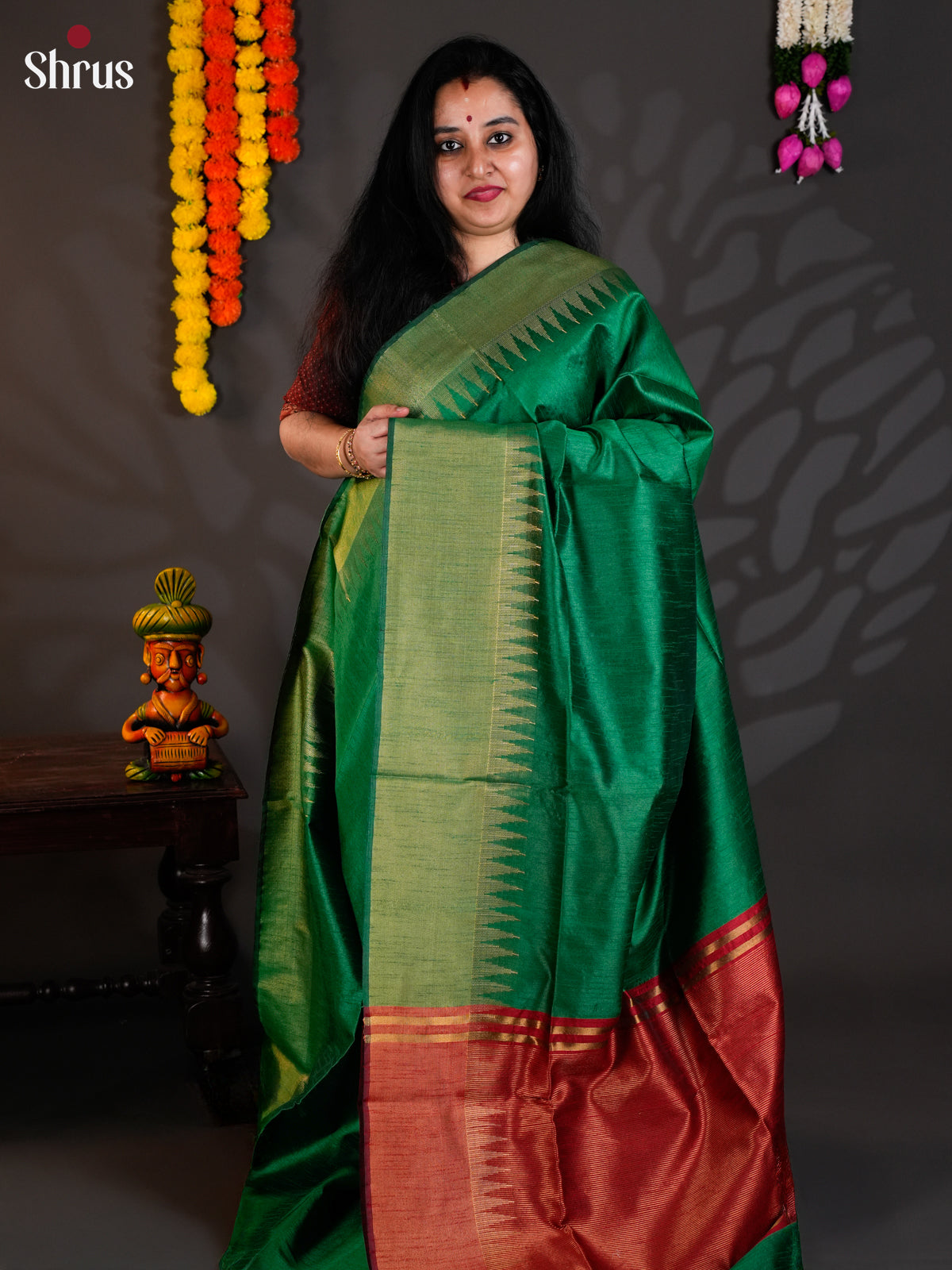 Green & Red - Semi Rawsilk - Saree-EAS24265 - Shop on Shrus.com