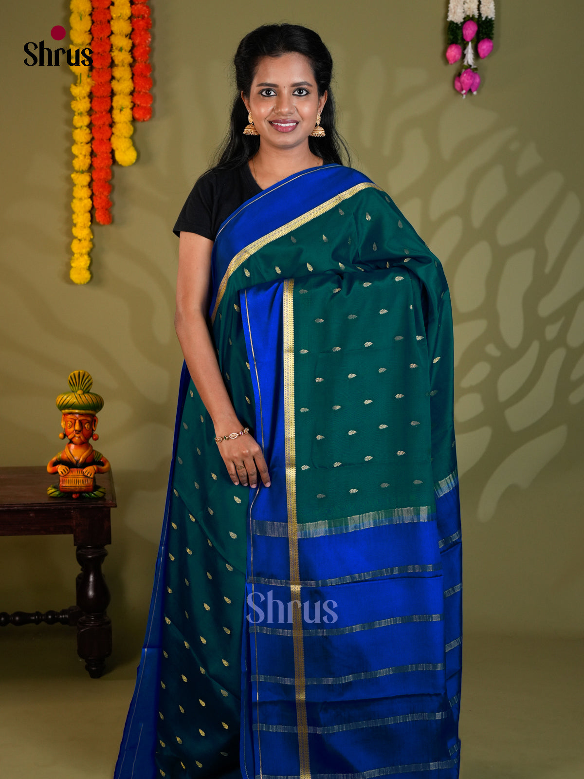 Classy Green & Blue Mysore Silk Saree  with gold zari buttas  - EAS24341 - Shop on Shrus.com