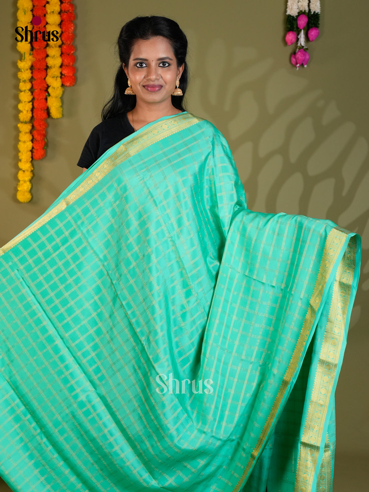 Beautiful Sea green single tone  Mysore Silk Saree with zari checks - EAS24367 - Shop on Shrus.com