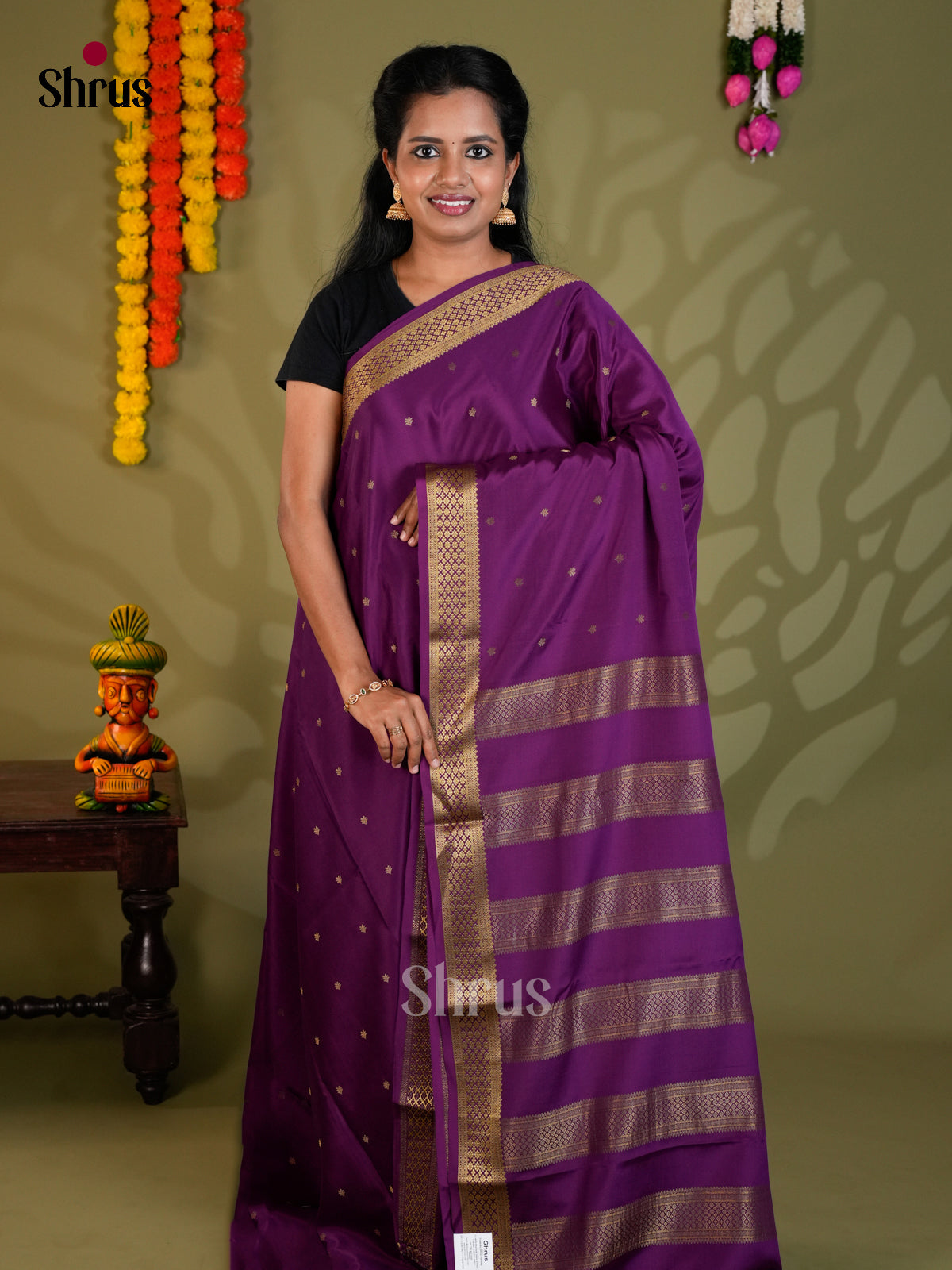 Regal Violet Single Tone  Mysore Silk Saree gleams with zai buttas - EAS24386