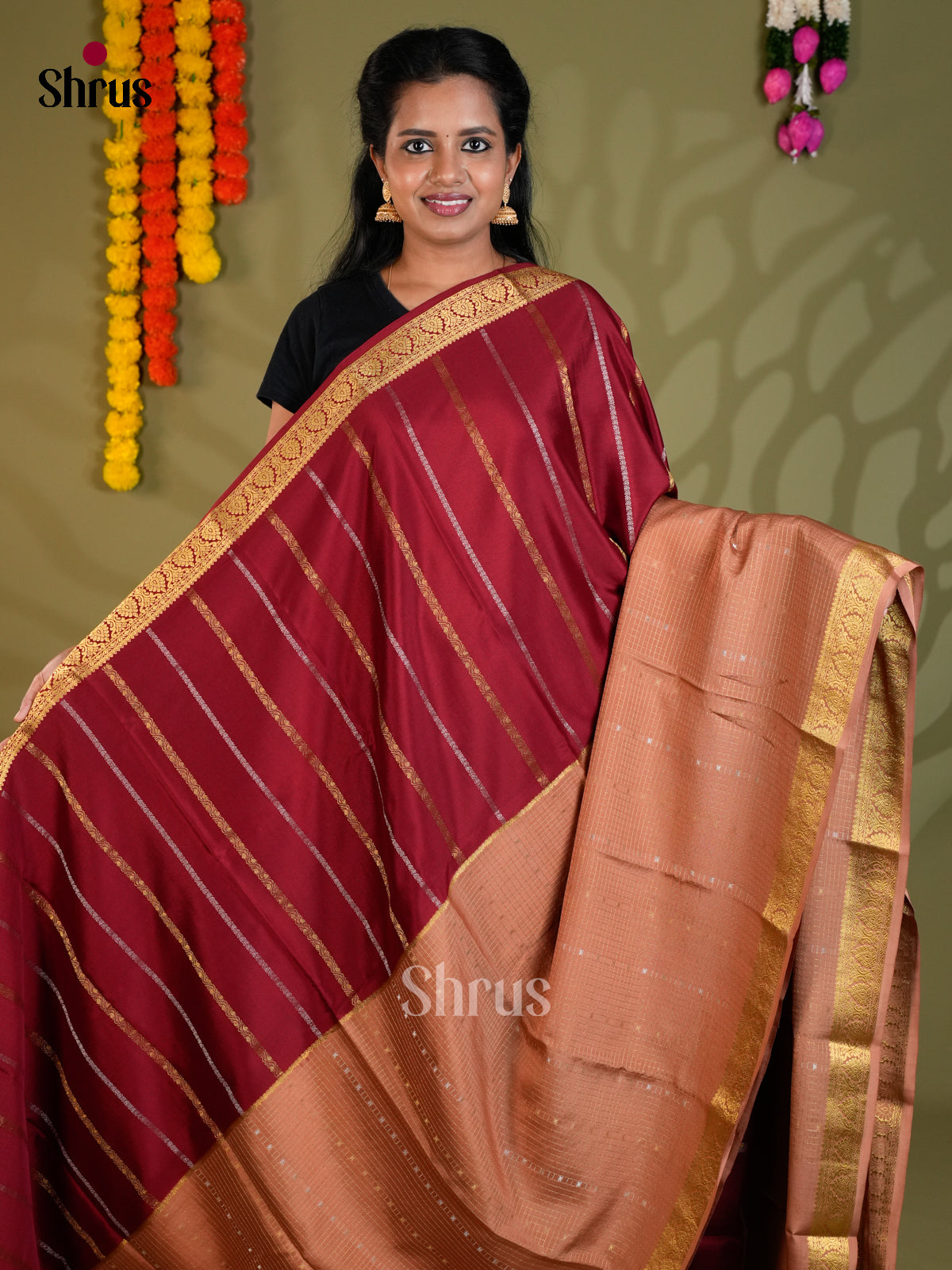 Classy Maroon & Light Brown Mysore Silk - Saree with zari stripes -  EAS24403 - Shop on Shrus.com