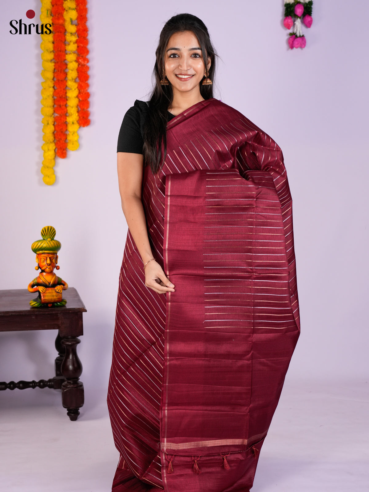 Maroon  - Semi Rawsilk Saree -EAS27005 - Shop on Shrus.com