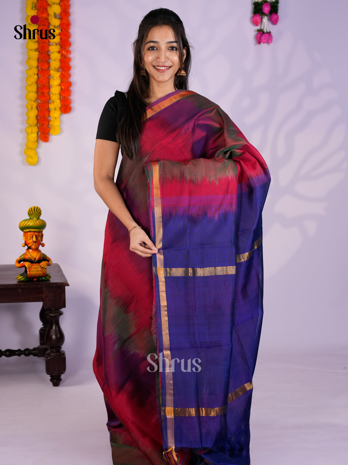 Buy Stunning Maroon Cotton Silk Saree Online with Ikkat Design & Blue Pallu