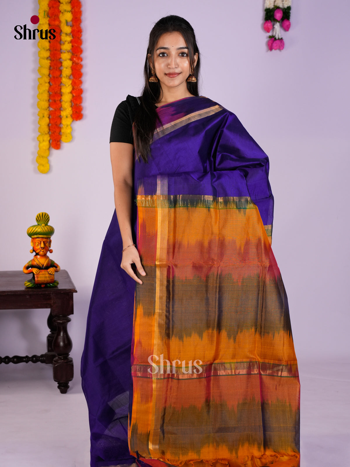 Buy Contemporary Violet Cotton Silk Saree Online with Plain Body & Mustard Pallu With Ikkat Patterns