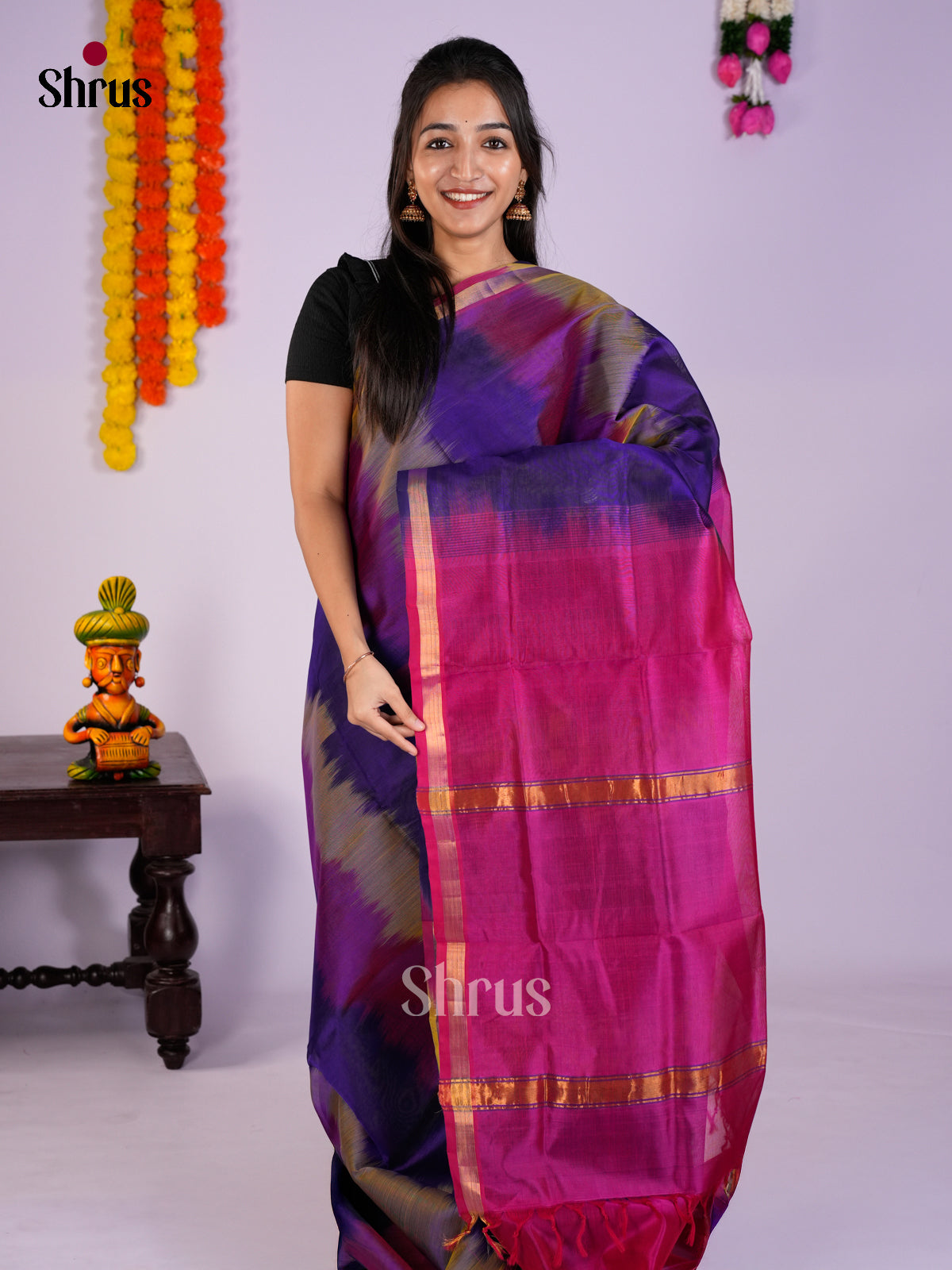 Buy Classy Grey & Purple Cotton Silk Saree Online with Ikkat Design & Purple Pallu 