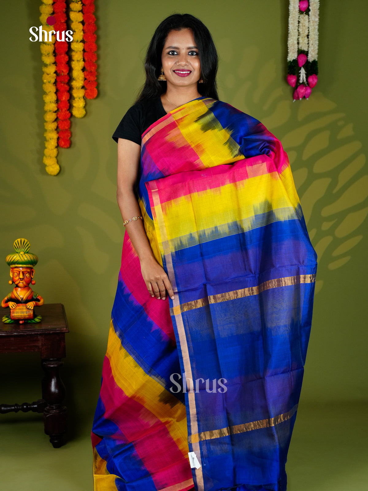 Buy Luminous Pure Cotton Silk Saree Online with Ikkat Prints in Yellow, Blue & Pink