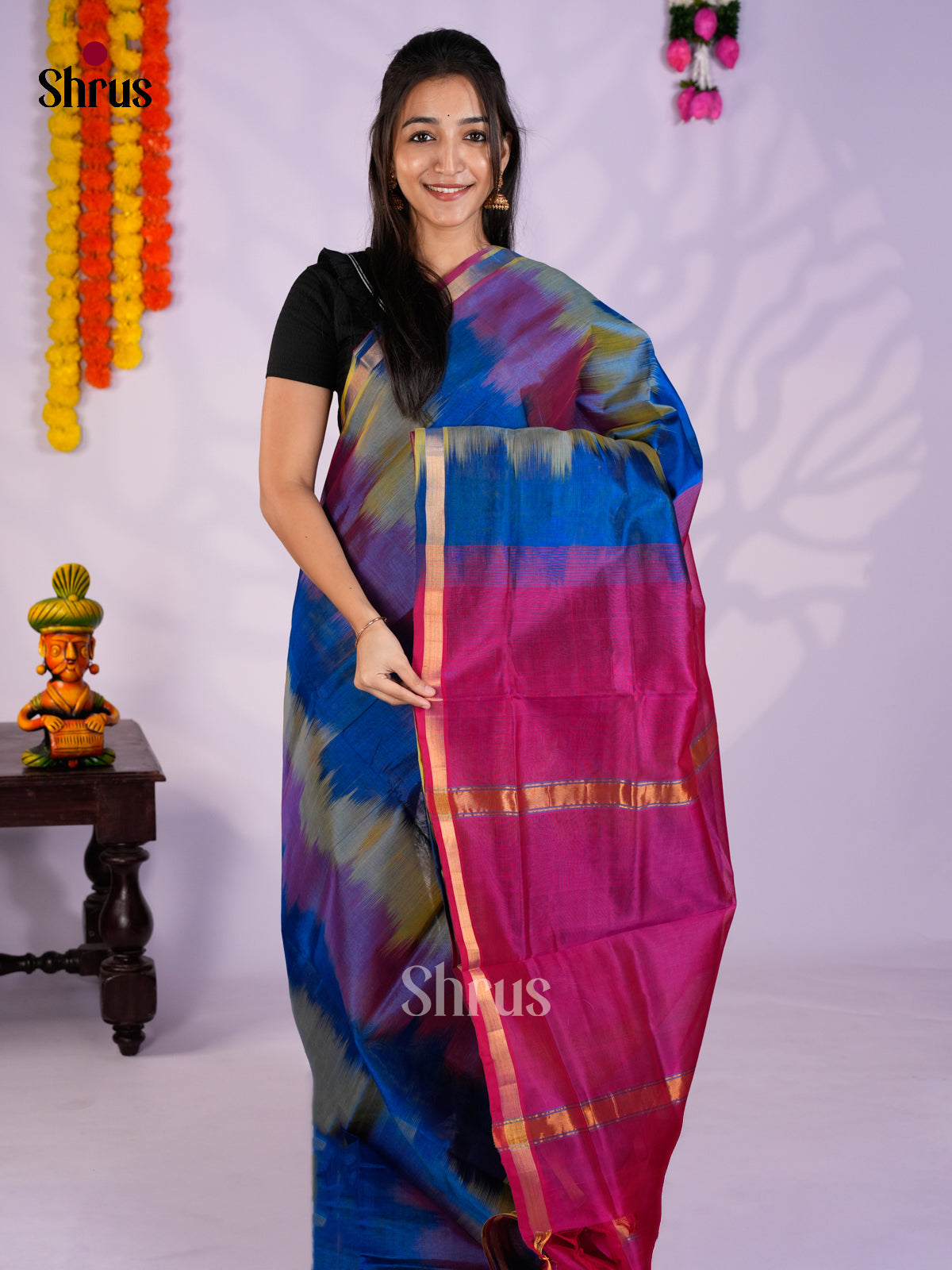 Buy Regal Multicolour Cotton Silk Saree Online with Thin Zari Border & Purple Pallu