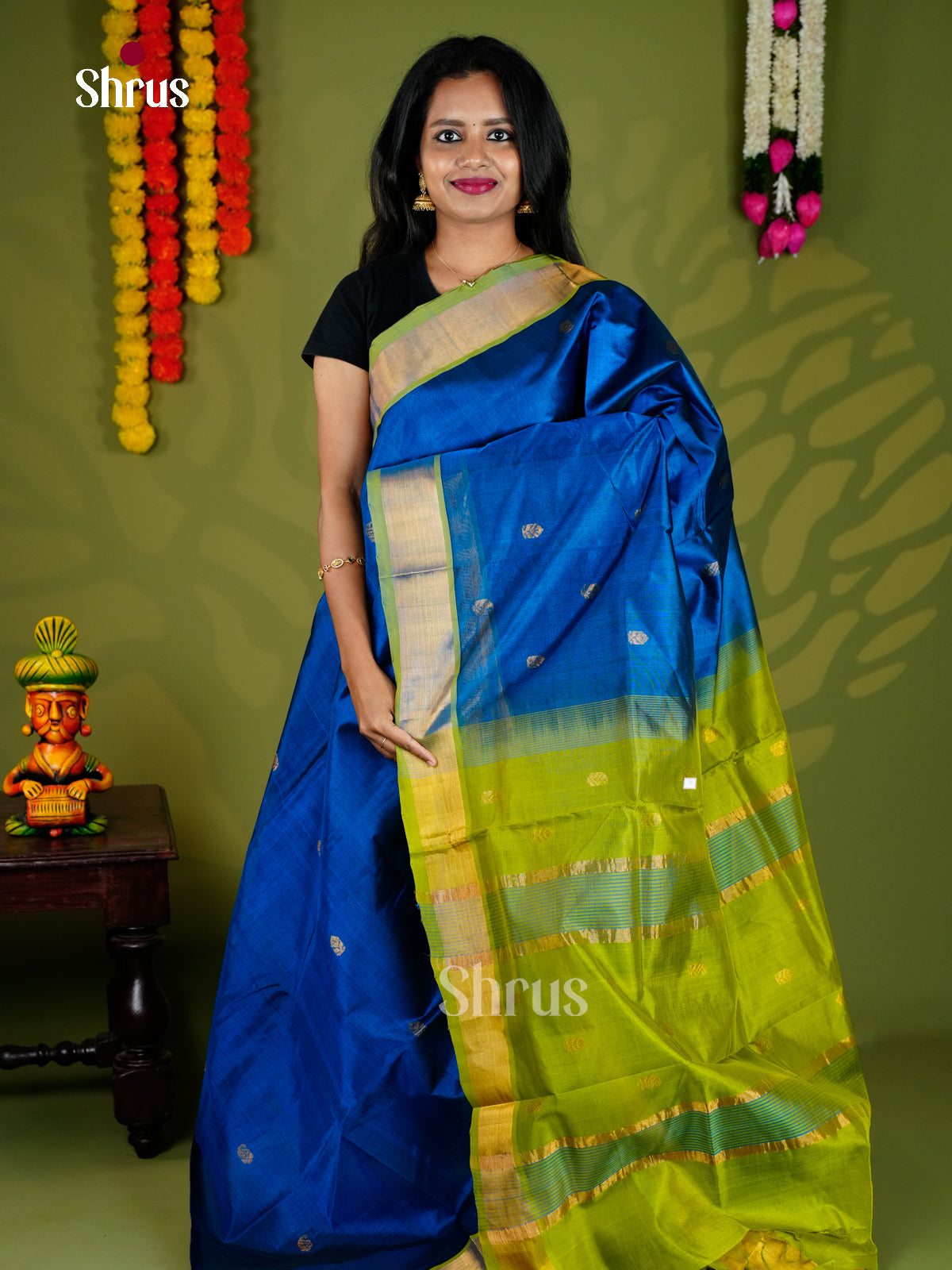 Beautiful Blue Cotton Silk Saree with Floral Buttas & Light Green Kaddi Zari Border