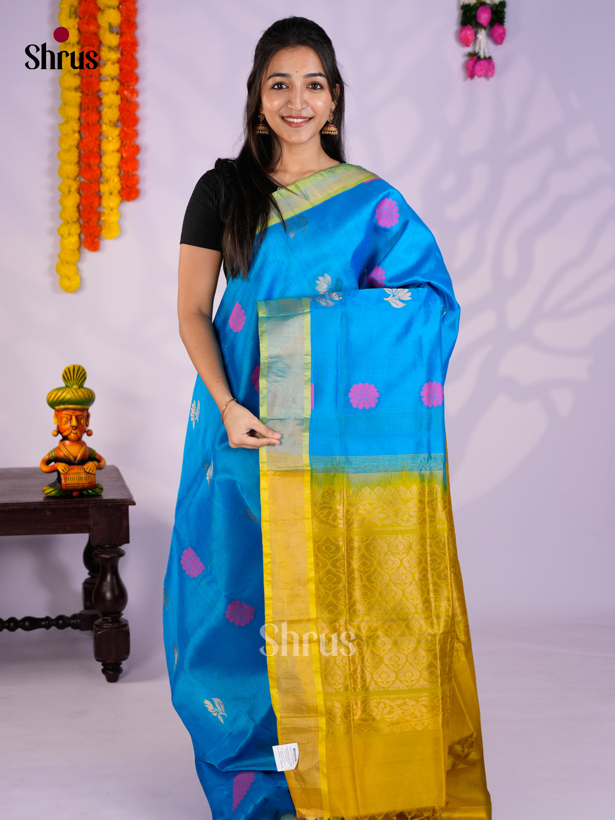 Buy Elegant Light Blue Cotton Silk Saree with Thread Buttas & Mustard Zari Pallu From Shrus.com