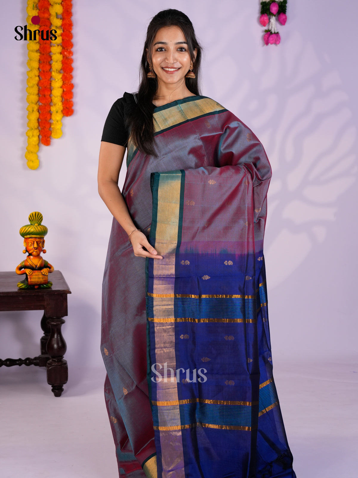 Buy Chic Double Shaded Purple Cotton  Silk Saree with Royal Blue Chit Pallu From Shrus.com