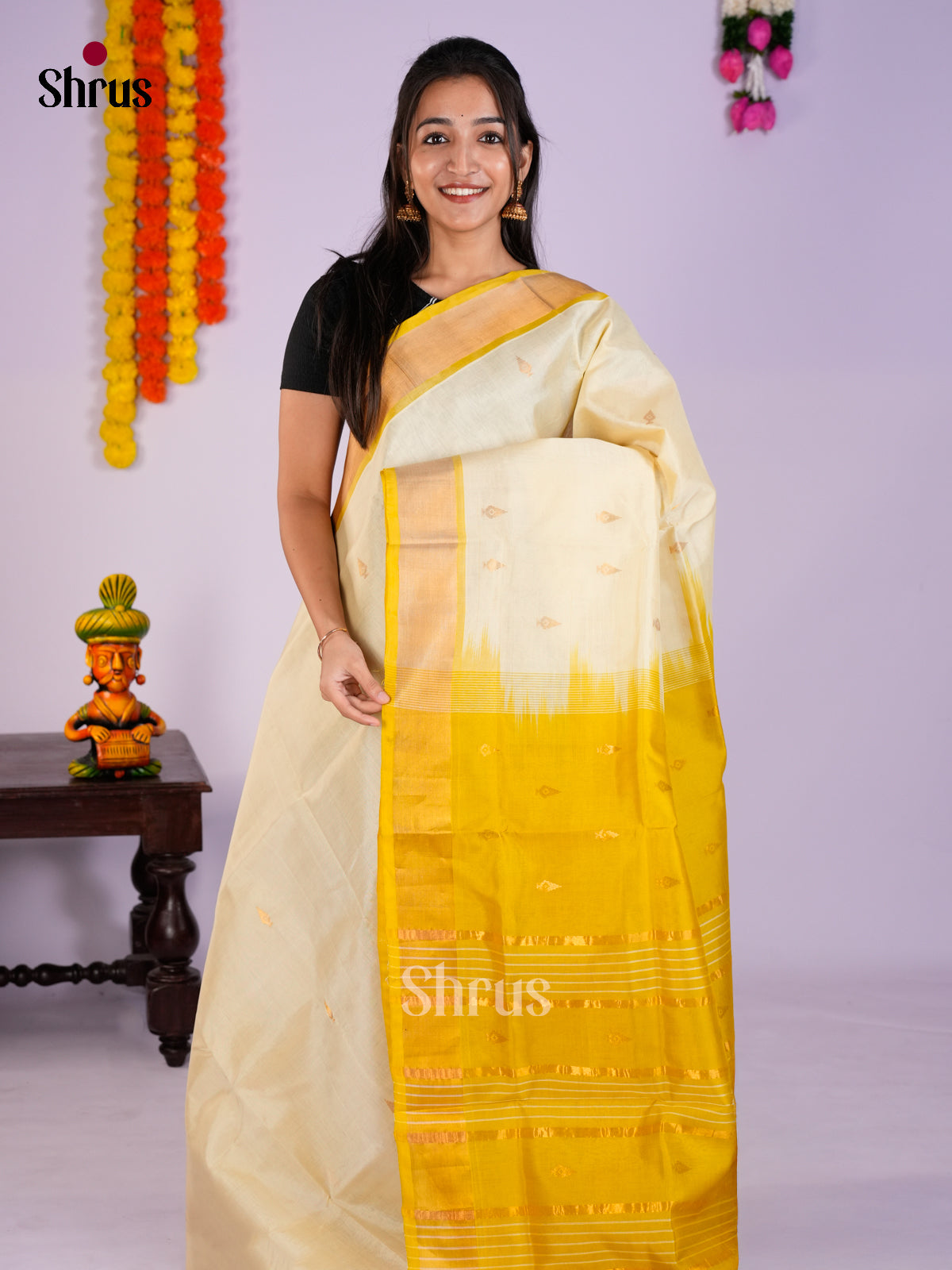 Buy Exquisite Cream Cotton Silk Saree Online with Gold Buttas & Yellow Kaddi Zari Border