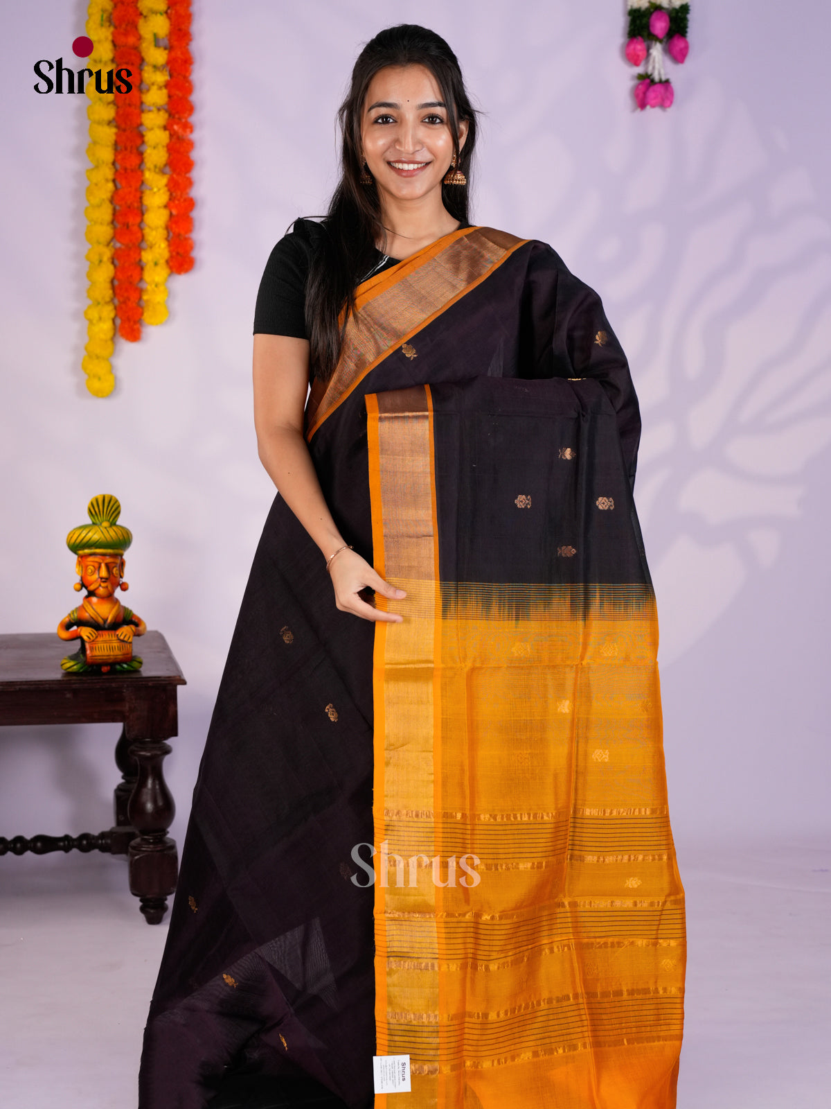 Buy Striking Black Cotton Silk Saree Online With Gold Buttas & Mustard Kaddi Zari Border